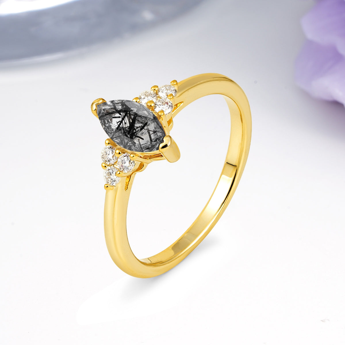Luxurious Classic 2-Prong Marquise Cut Black Rutilated Quartz Engagement Ring - Additional view