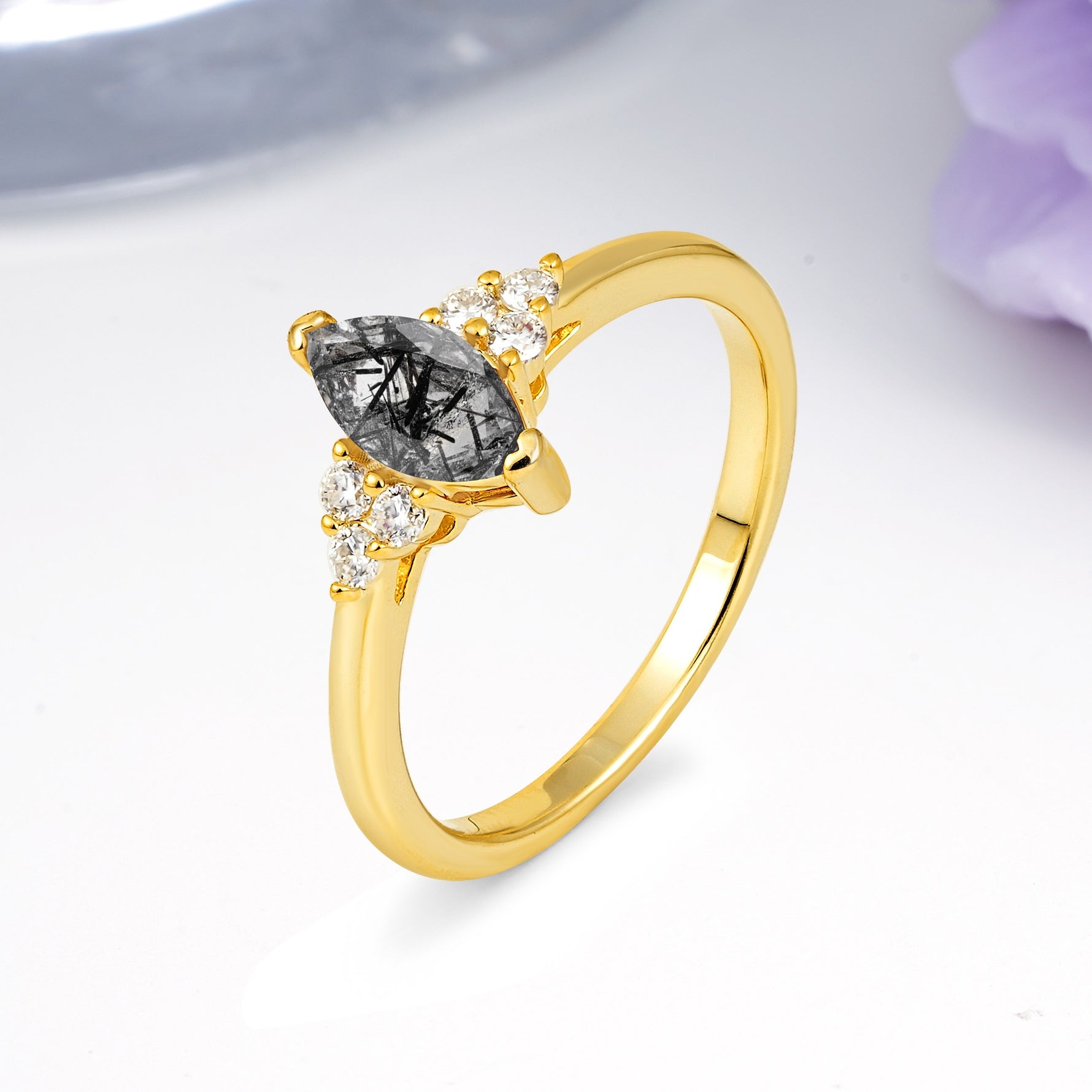Luxurious Classic 2-Prong Marquise Cut Black Rutilated Quartz Engagement Ring - Additional view