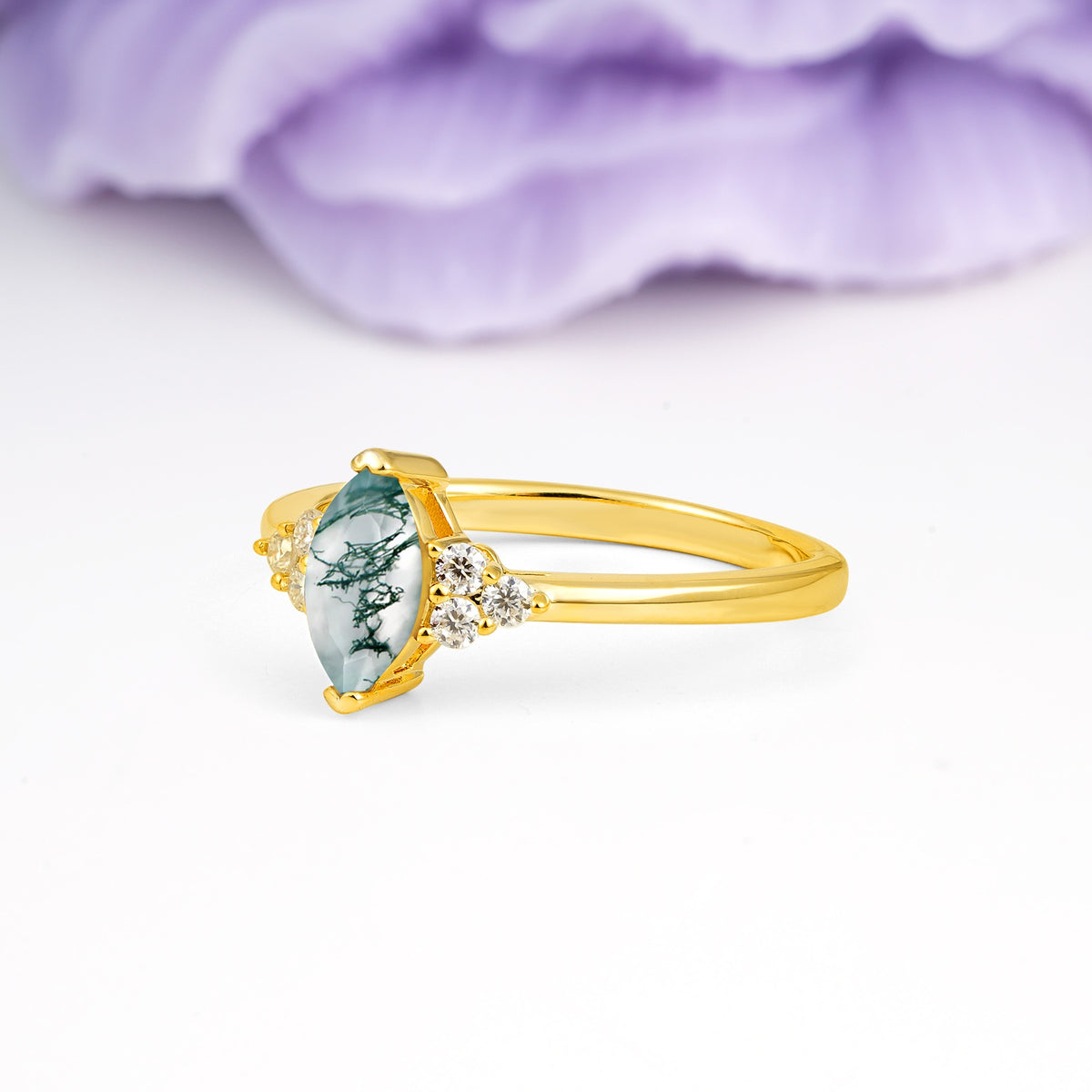 Luxurious Classic 2-Prong Marquise Cut Moss Agate Engagement Ring - Additional view