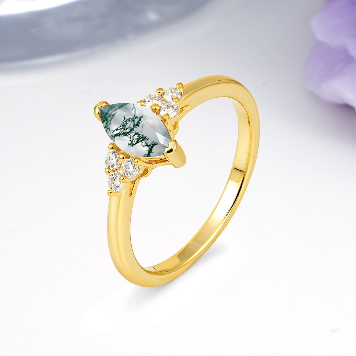 Luxurious Classic 2-Prong Marquise Cut Moss Agate Engagement Ring - Additional view