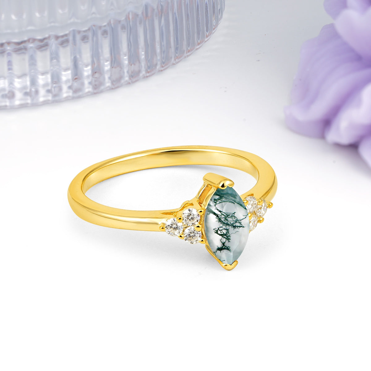 Luxurious Classic 2-Prong Marquise Cut Moss Agate Engagement Ring - Additional view