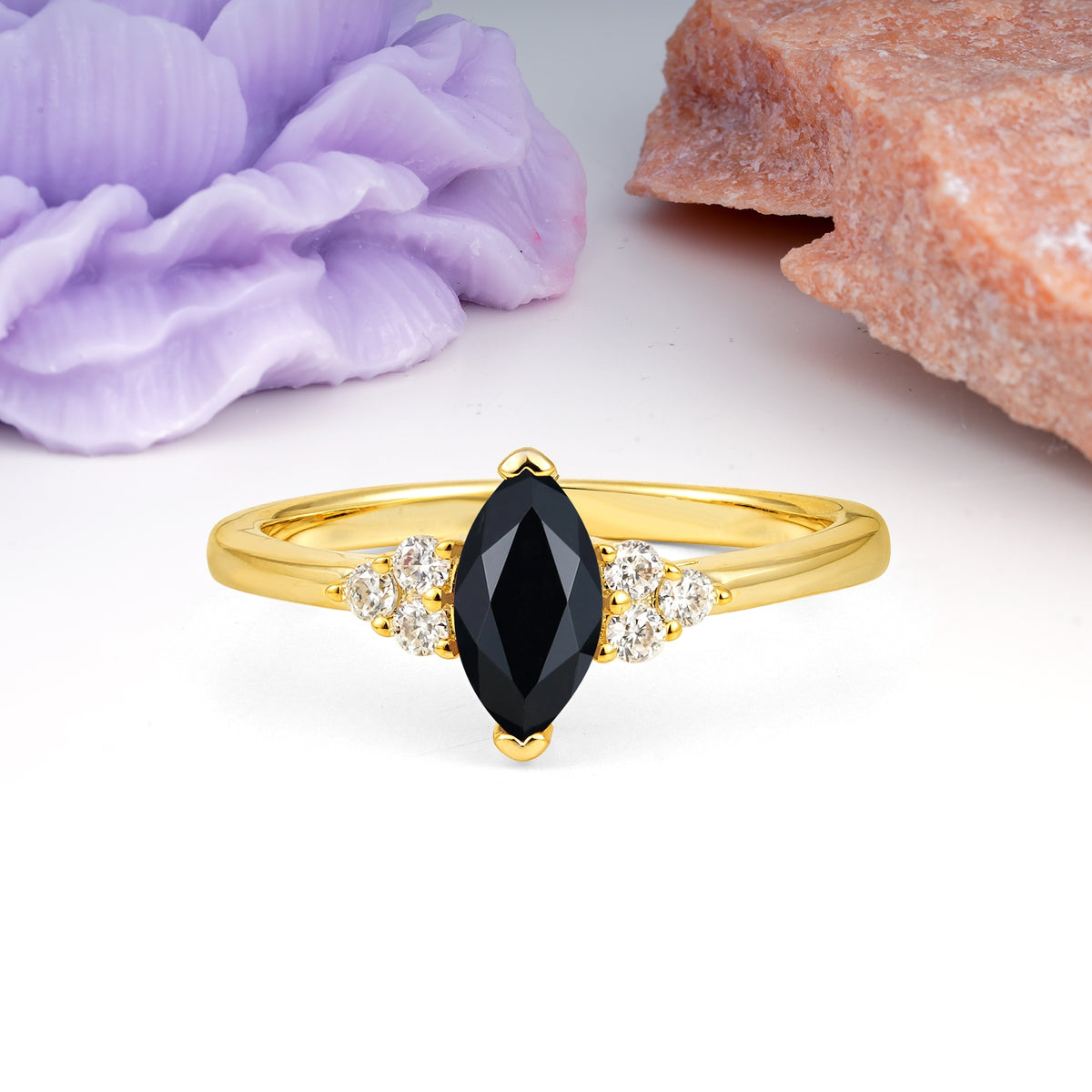Luxurious Classic 2-Prong Marquise Cut Black Onyx Engagement Ring - Additional view