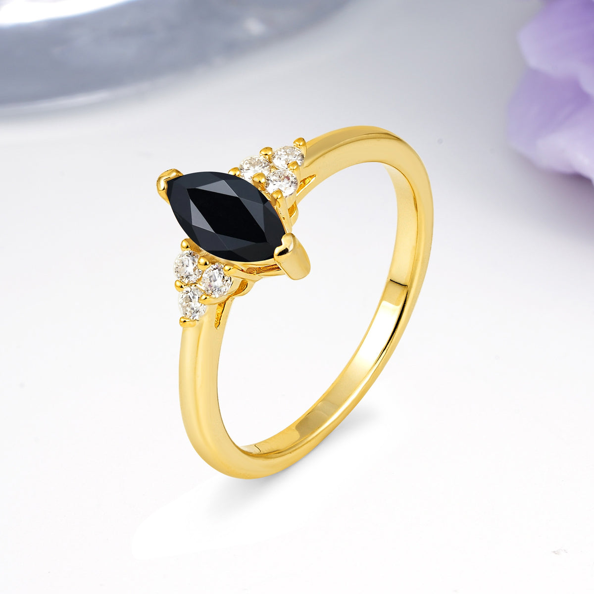 Luxurious Classic 2-Prong Marquise Cut Black Onyx Engagement Ring - Additional view