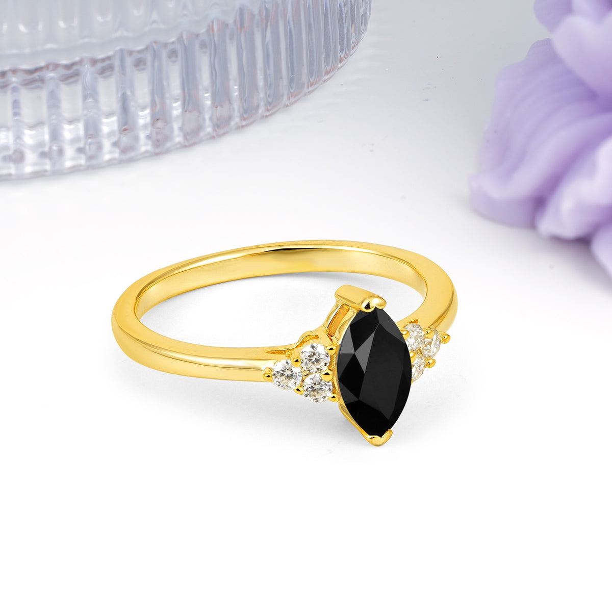 Luxurious Classic 2-Prong Marquise Cut Black Onyx Engagement Ring - Additional view