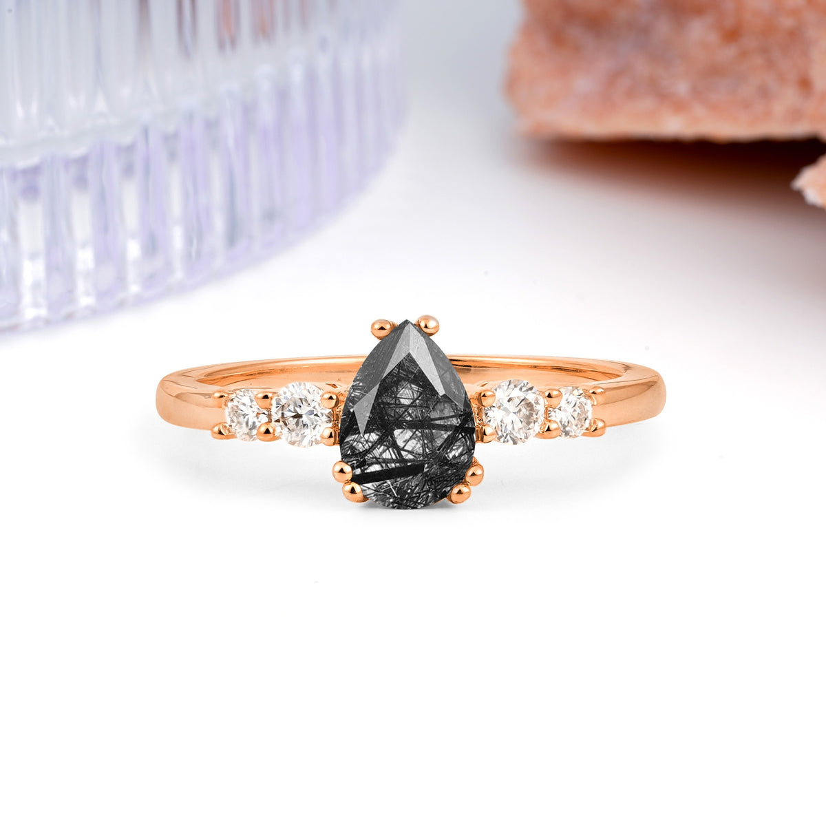 Classic, Minimalist 6-Prong Pear Cut Black Rutilated Quartz Engagement Ring - Additional view