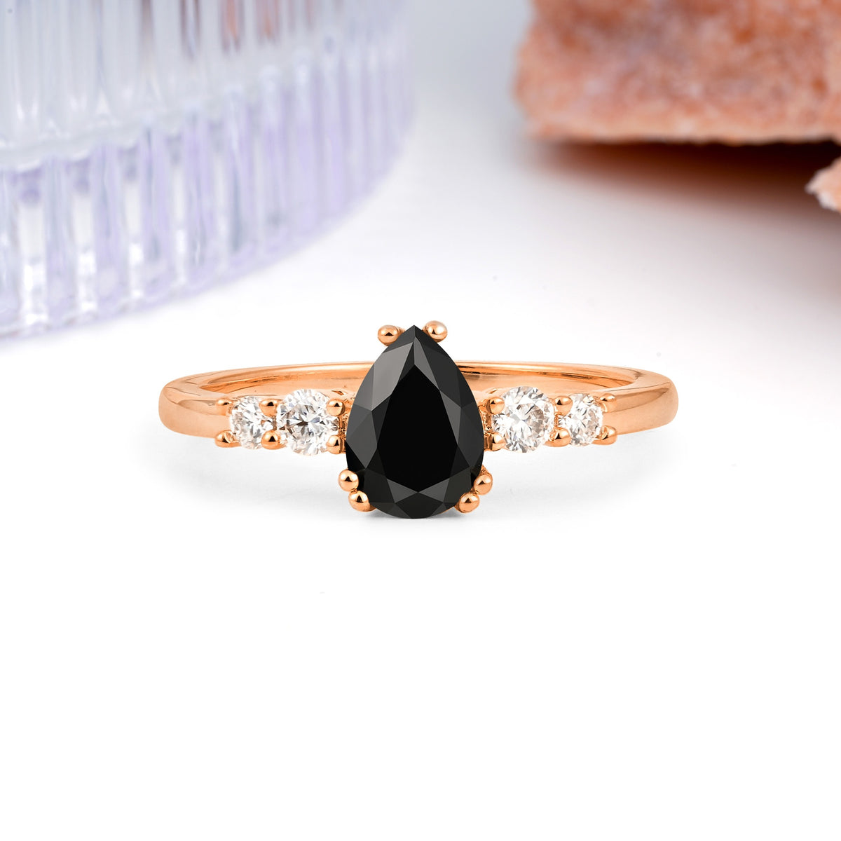 Classic, Minimalist 6-Prong Pear Cut Black Onyx Engagement Ring - Additional view