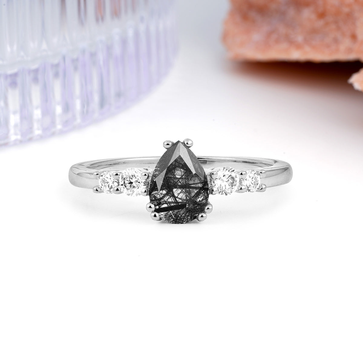Classic, Minimalist 6-Prong Pear Cut Black Rutilated Quartz Engagement Ring - Additional view