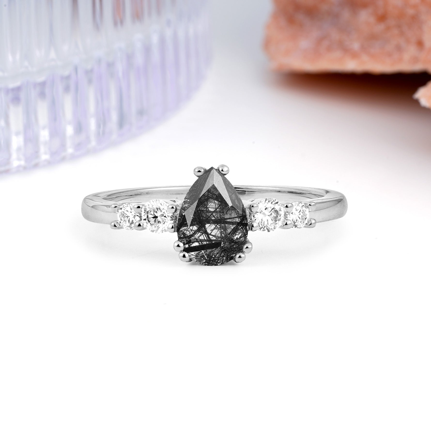 Classic, Minimalist 6-Prong Pear Cut Black Rutilated Quartz Engagement Ring - Additional view