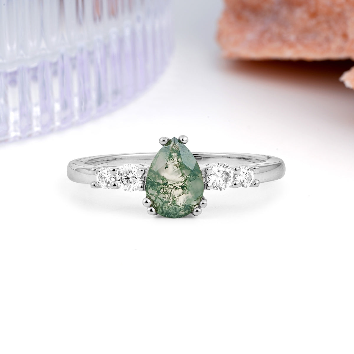 Classic, Minimalist 6-Prong Pear Cut Moss Agate Engagement Ring - Additional view