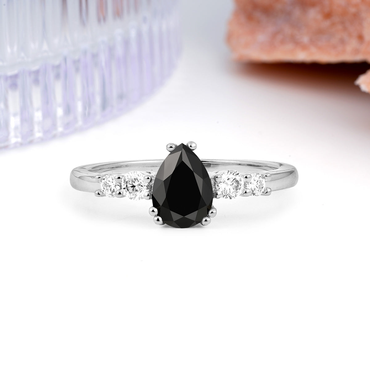 Classic, Minimalist 6-Prong Pear Cut Black Onyx Engagement Ring - Additional view