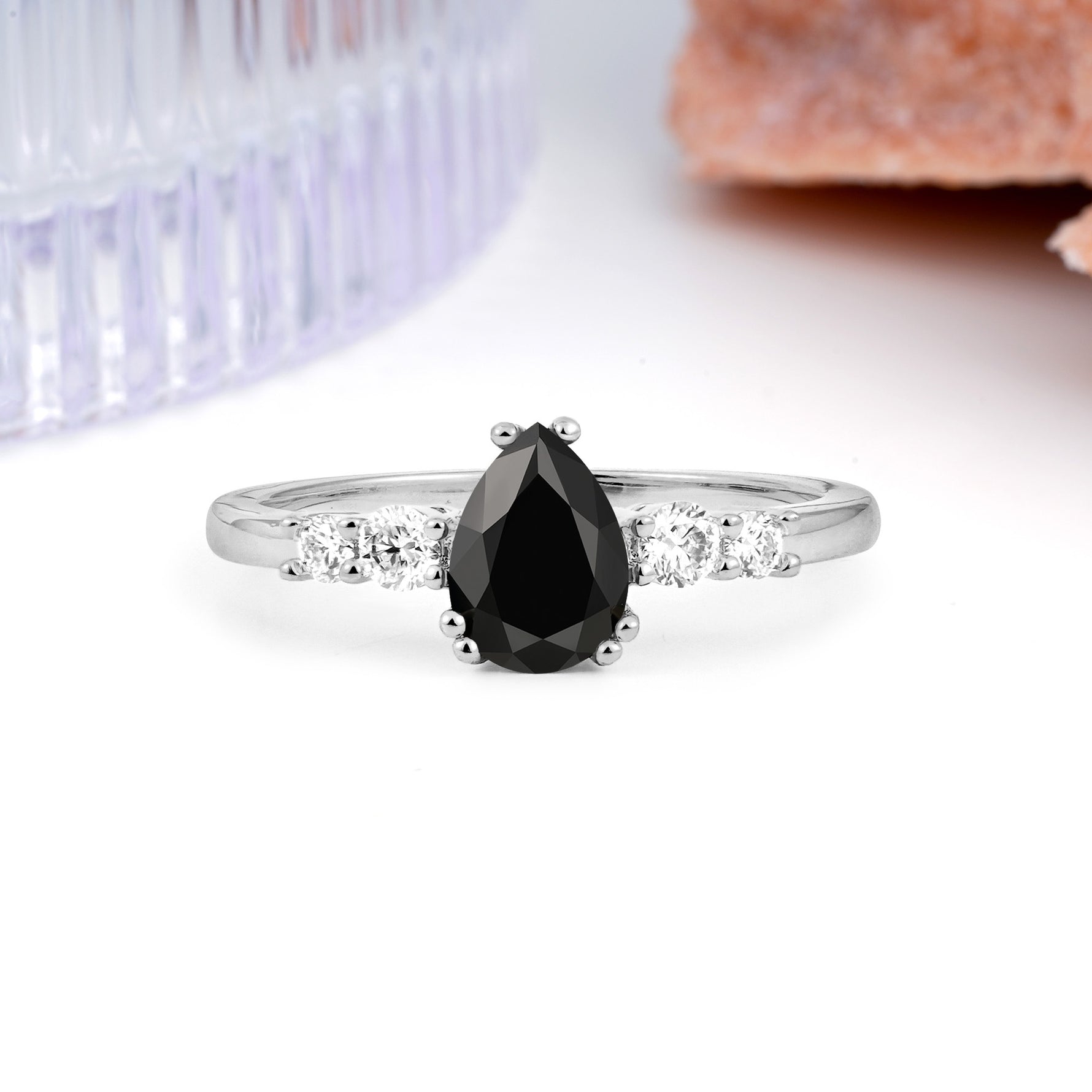 Classic, Minimalist 6-Prong Pear Cut Black Onyx Engagement Ring - Additional view