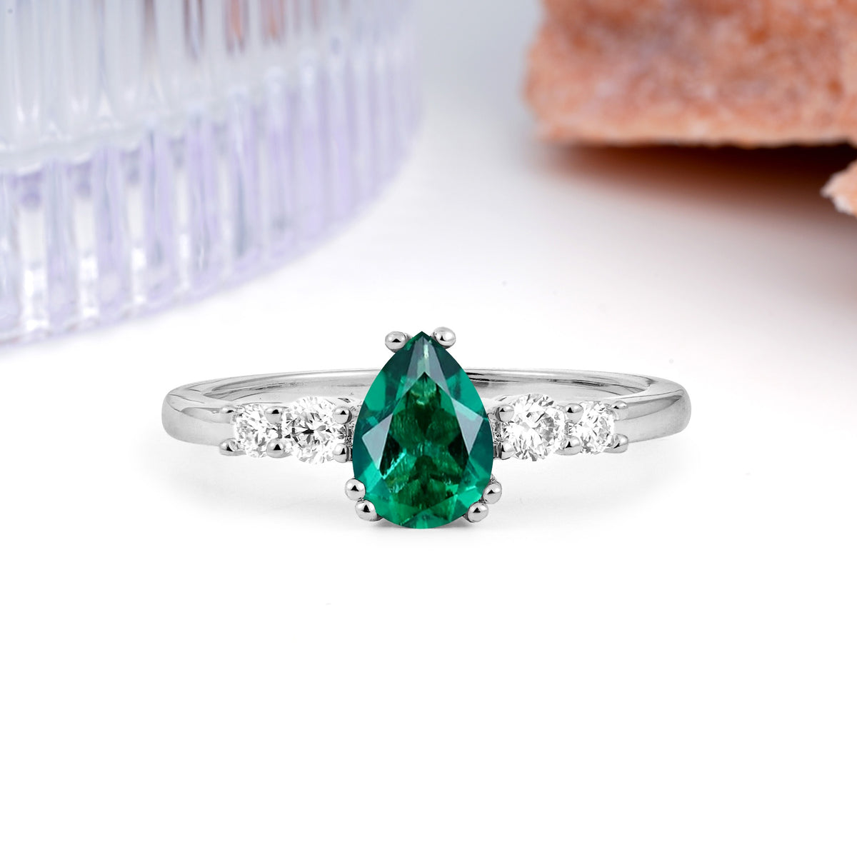 Classic, Minimalist 6-Prong Pear Cut Emerald Engagement Ring - Additional view