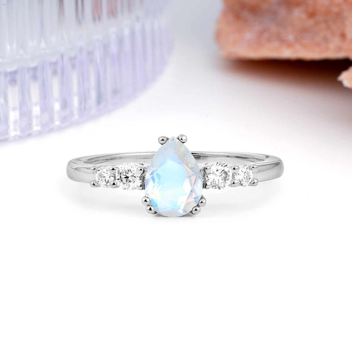 Classic, Minimalist 6-Prong Pear Cut Moonstone Engagement Ring - Additional view