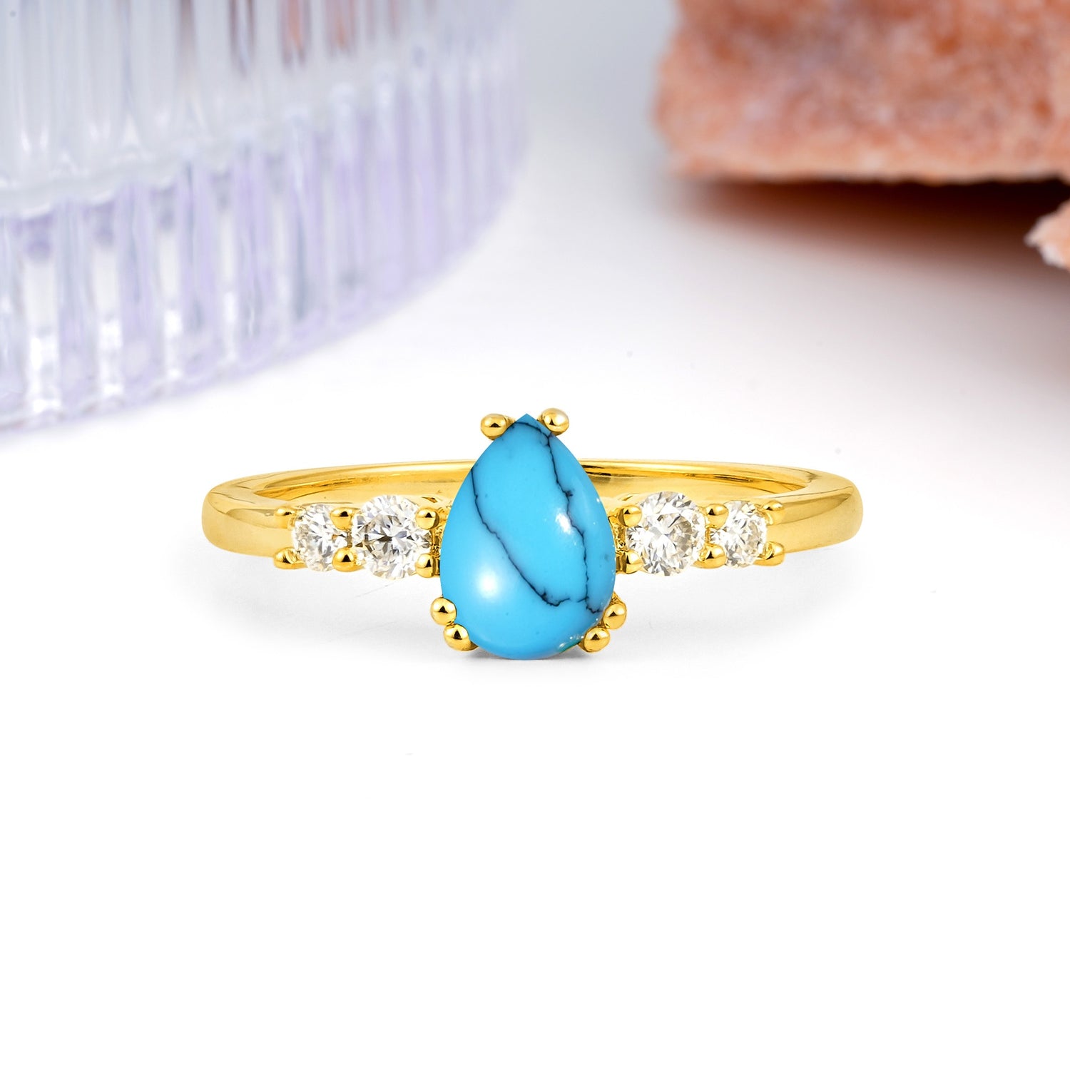 Classic, Minimalist 6-Prong Pear Cut Turquoise Engagement Ring - Additional view