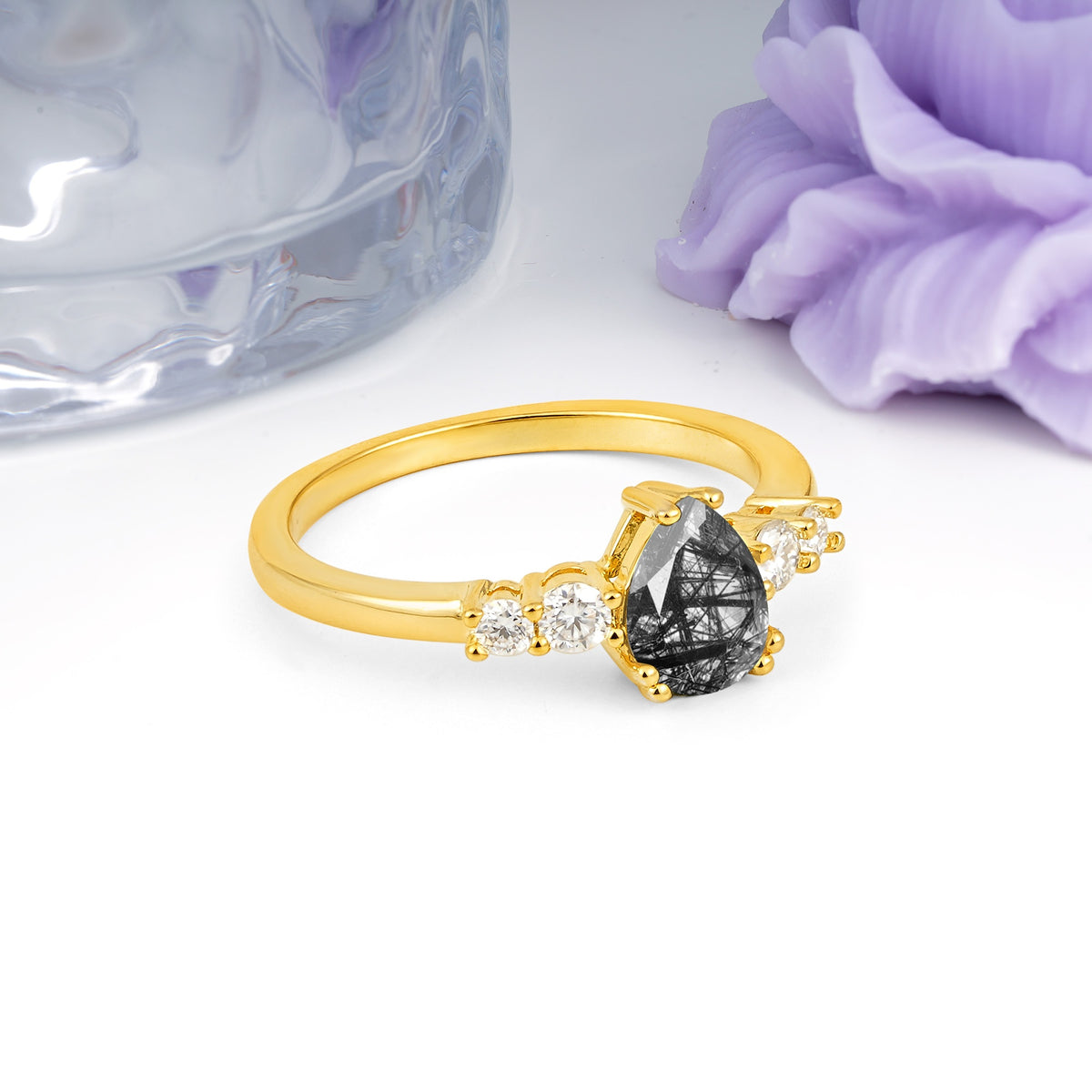 Classic, Minimalist 6-Prong Pear Cut Black Rutilated Quartz Engagement Ring - Additional view