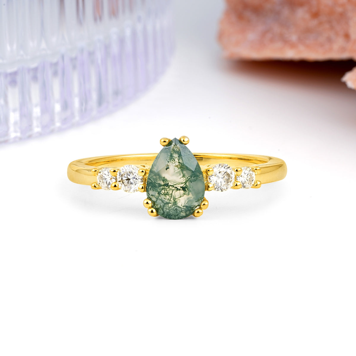Classic, Minimalist 6-Prong Pear Cut Moss Agate Engagement Ring - Additional view