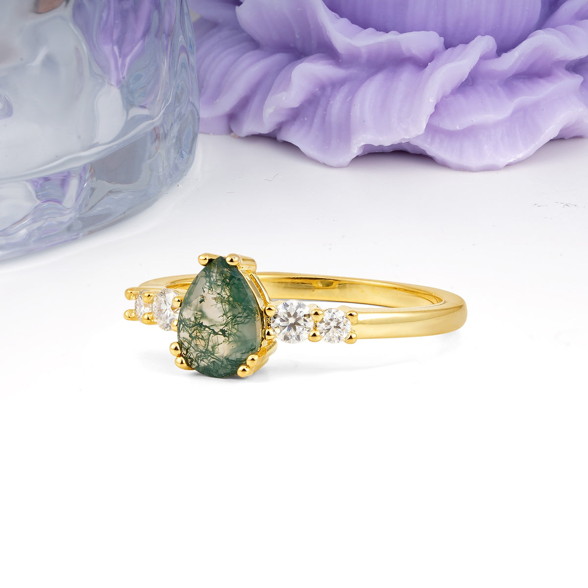 Classic, Minimalist 6-Prong Pear Cut Moss Agate Engagement Ring - Additional view