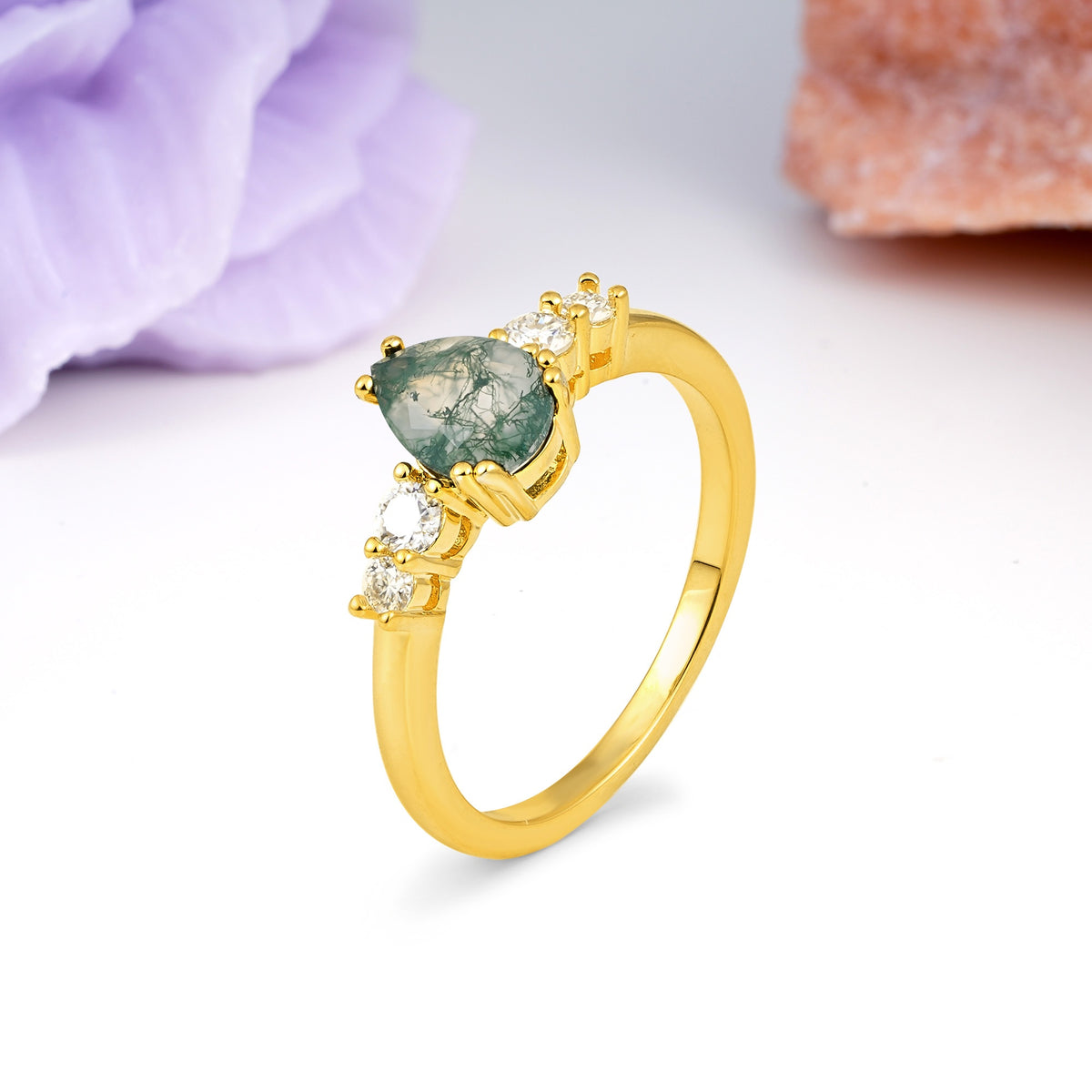 Classic, Minimalist 6-Prong Pear Cut Moss Agate Engagement Ring - Additional view