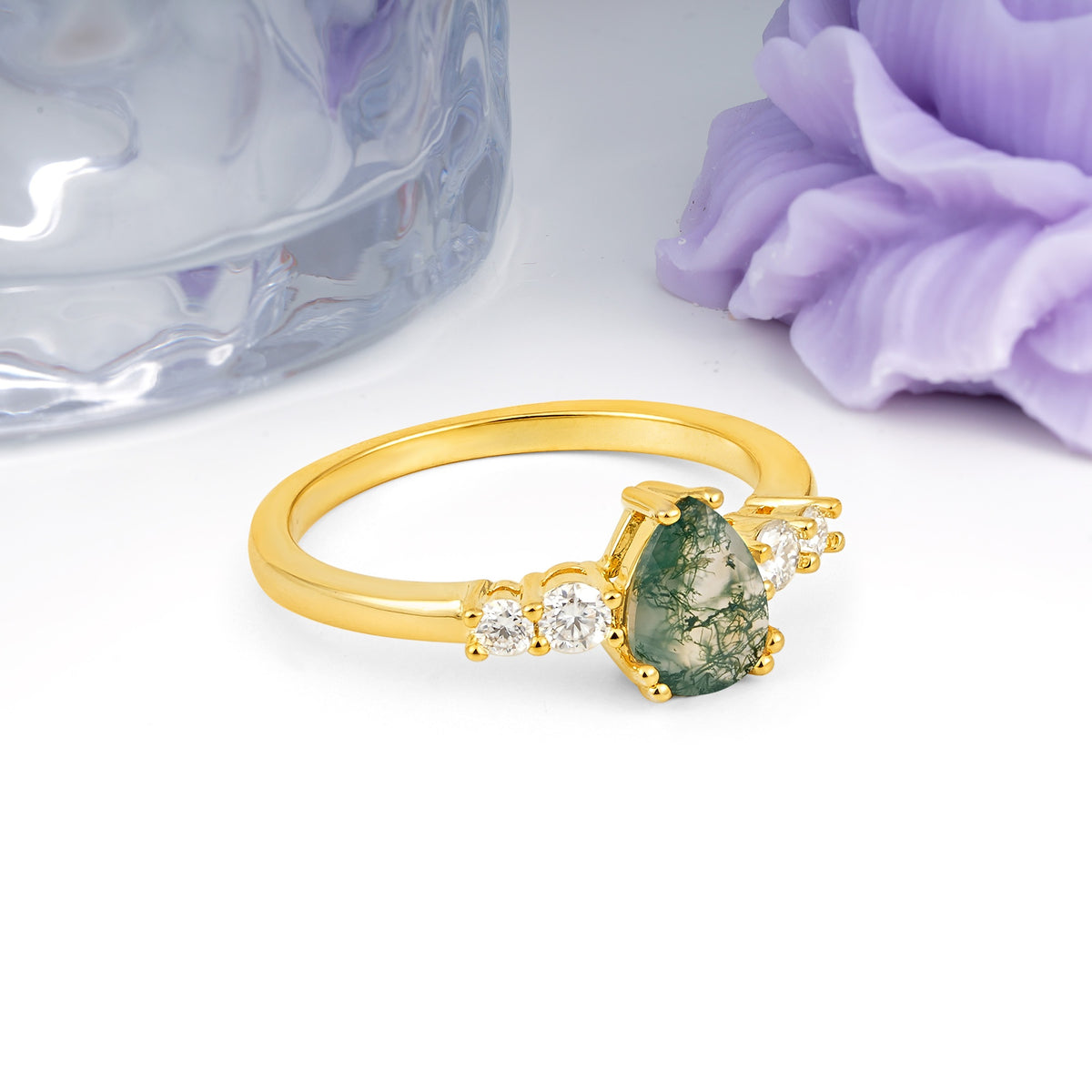 Classic, Minimalist 6-Prong Pear Cut Moss Agate Engagement Ring - Additional view