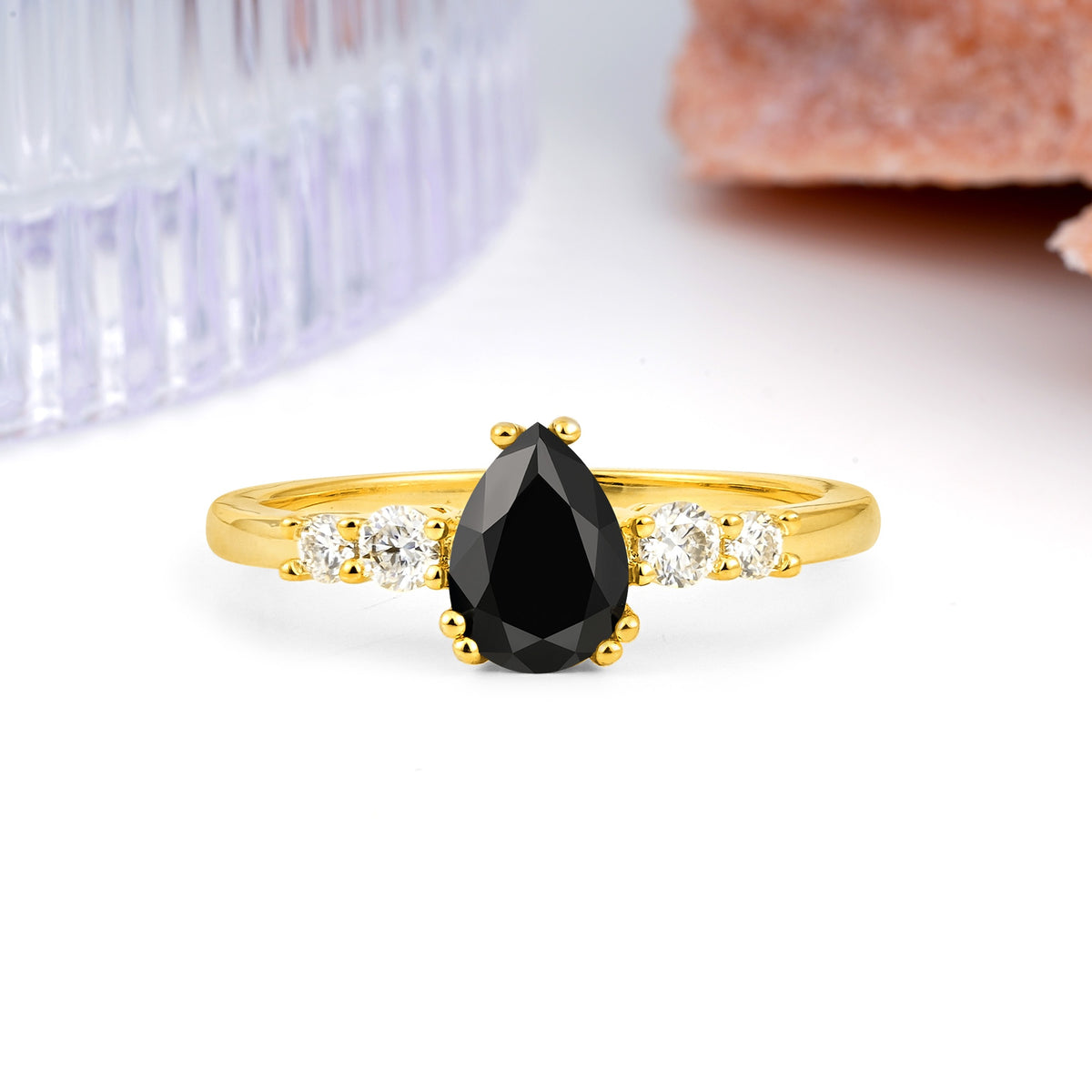 Classic, Minimalist 6-Prong Pear Cut Black Onyx Engagement Ring - Additional view