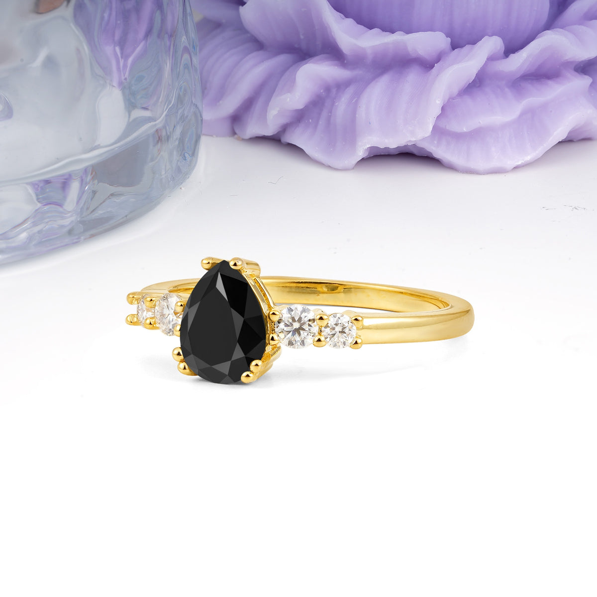 Classic, Minimalist 6-Prong Pear Cut Black Onyx Engagement Ring - Additional view