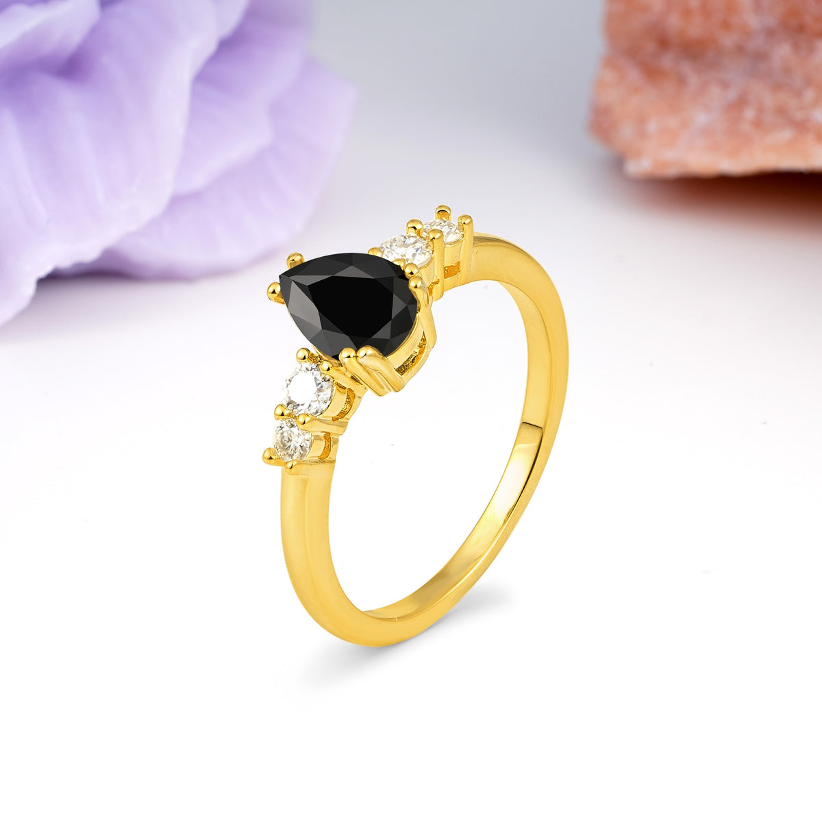 Classic, Minimalist 6-Prong Pear Cut Black Onyx Engagement Ring - Additional view