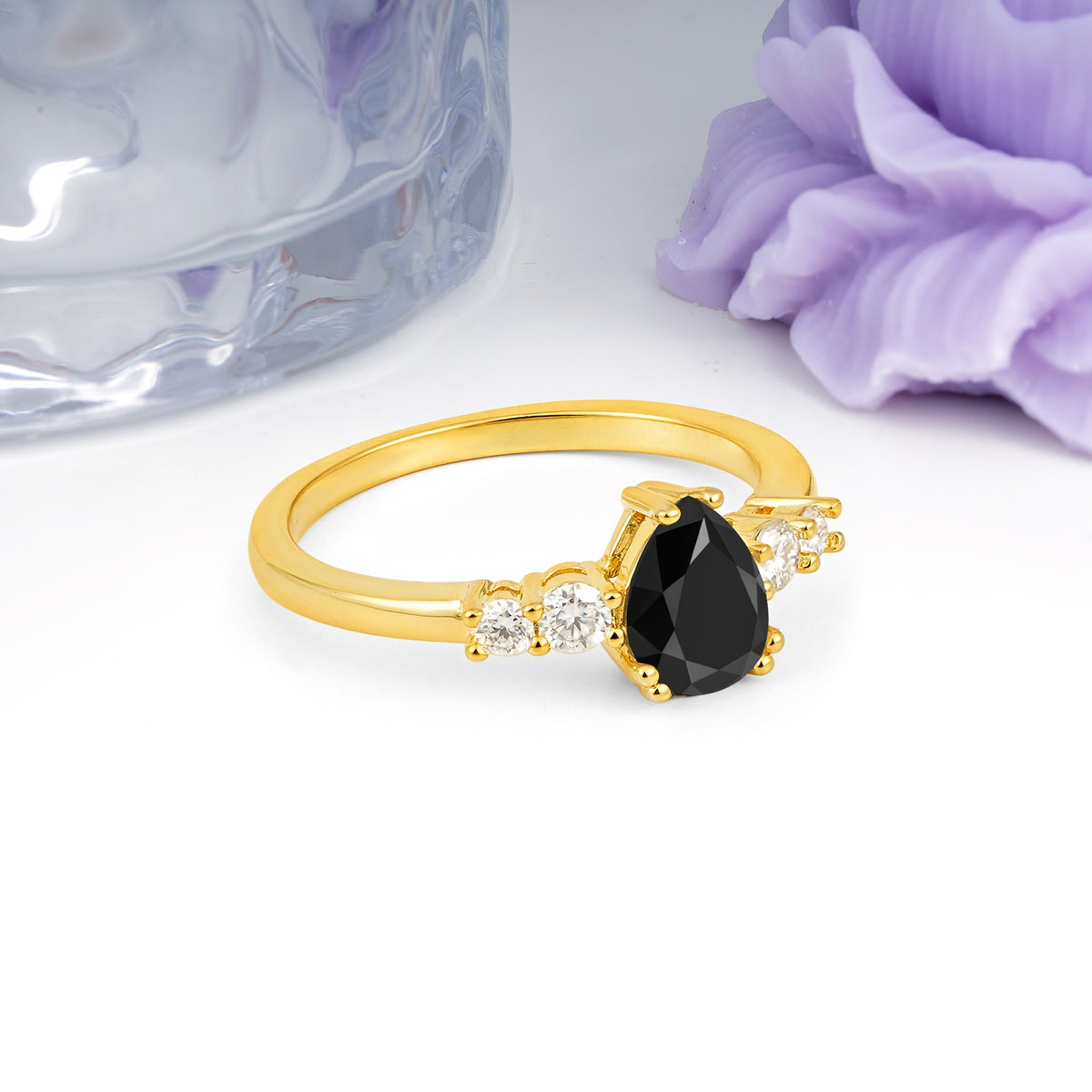 Classic, Minimalist 6-Prong Pear Cut Black Onyx Engagement Ring - Additional view