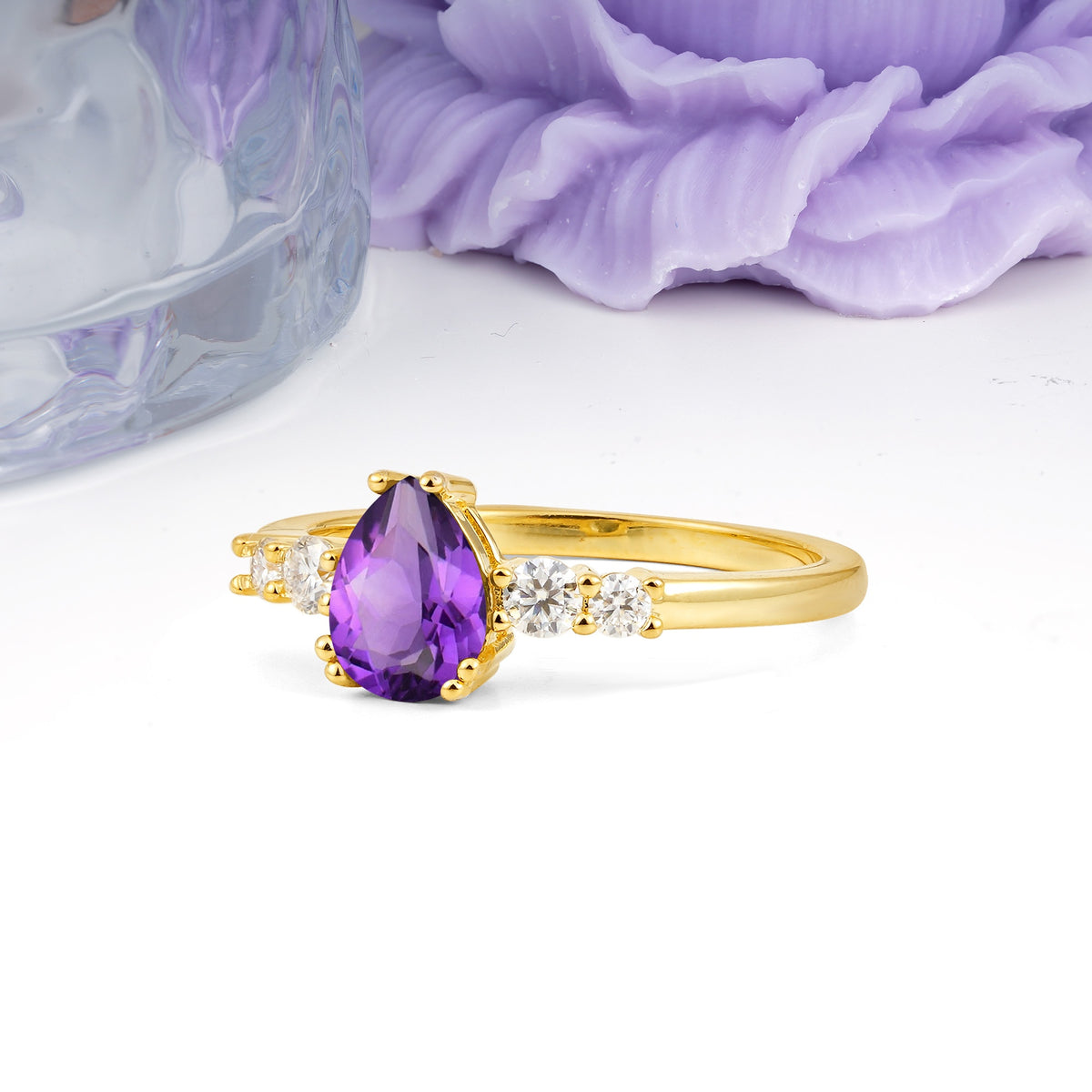 Classic, Minimalist 6-Prong Pear Cut Amethyst Engagement Ring - Additional view