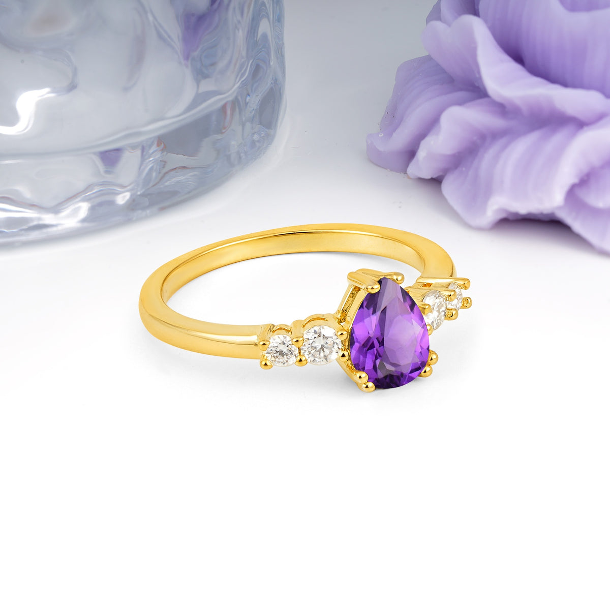 Classic, Minimalist 6-Prong Pear Cut Amethyst Engagement Ring - Additional view