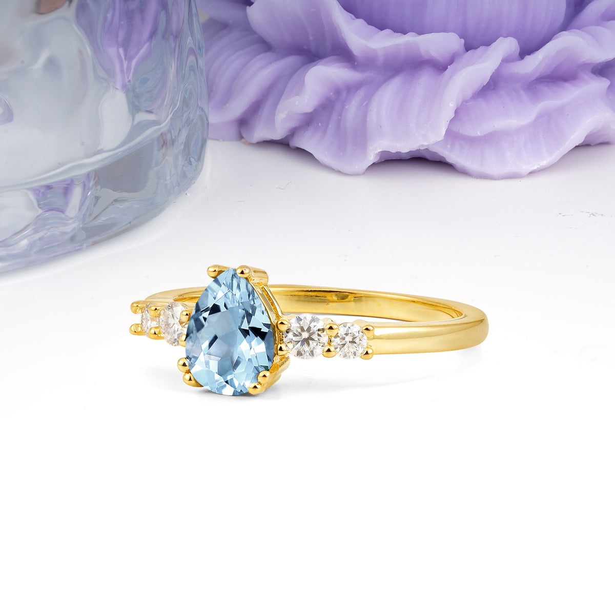 Classic, Minimalist 6-Prong Pear Cut Aquamarine Engagement Ring - Additional view