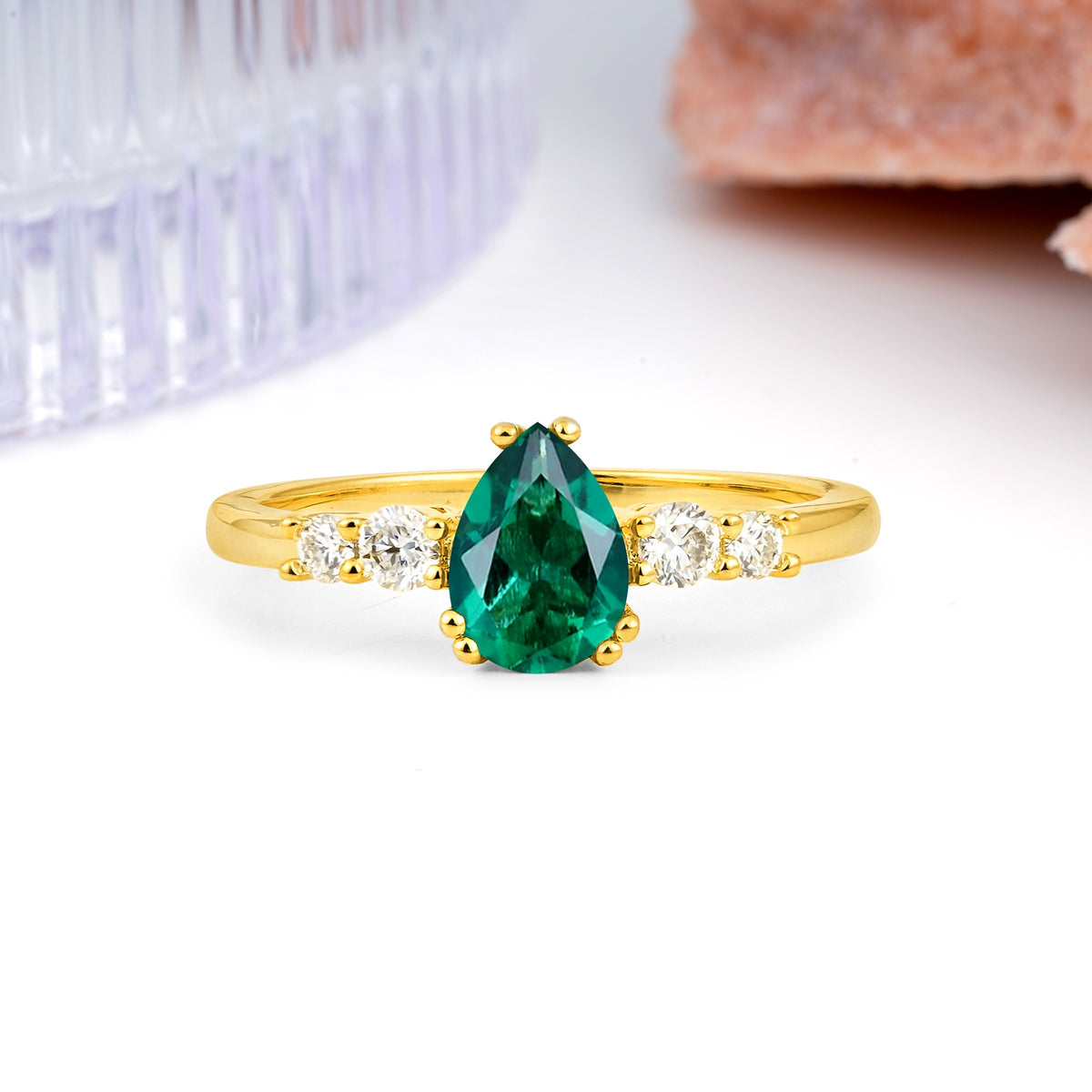 Classic, Minimalist 6-Prong Pear Cut Emerald Engagement Ring - Additional view