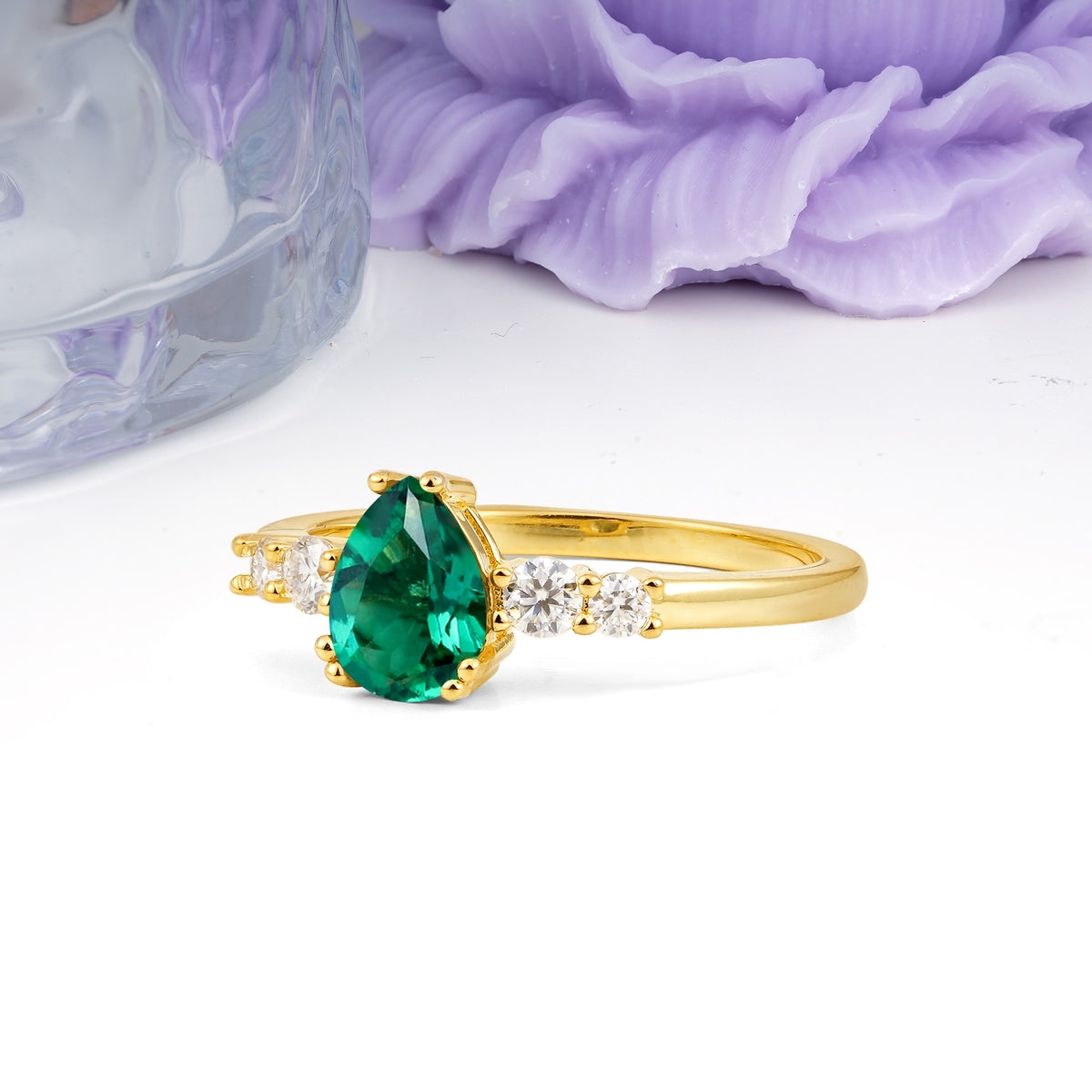Classic, Minimalist 6-Prong Pear Cut Emerald Engagement Ring - Additional view