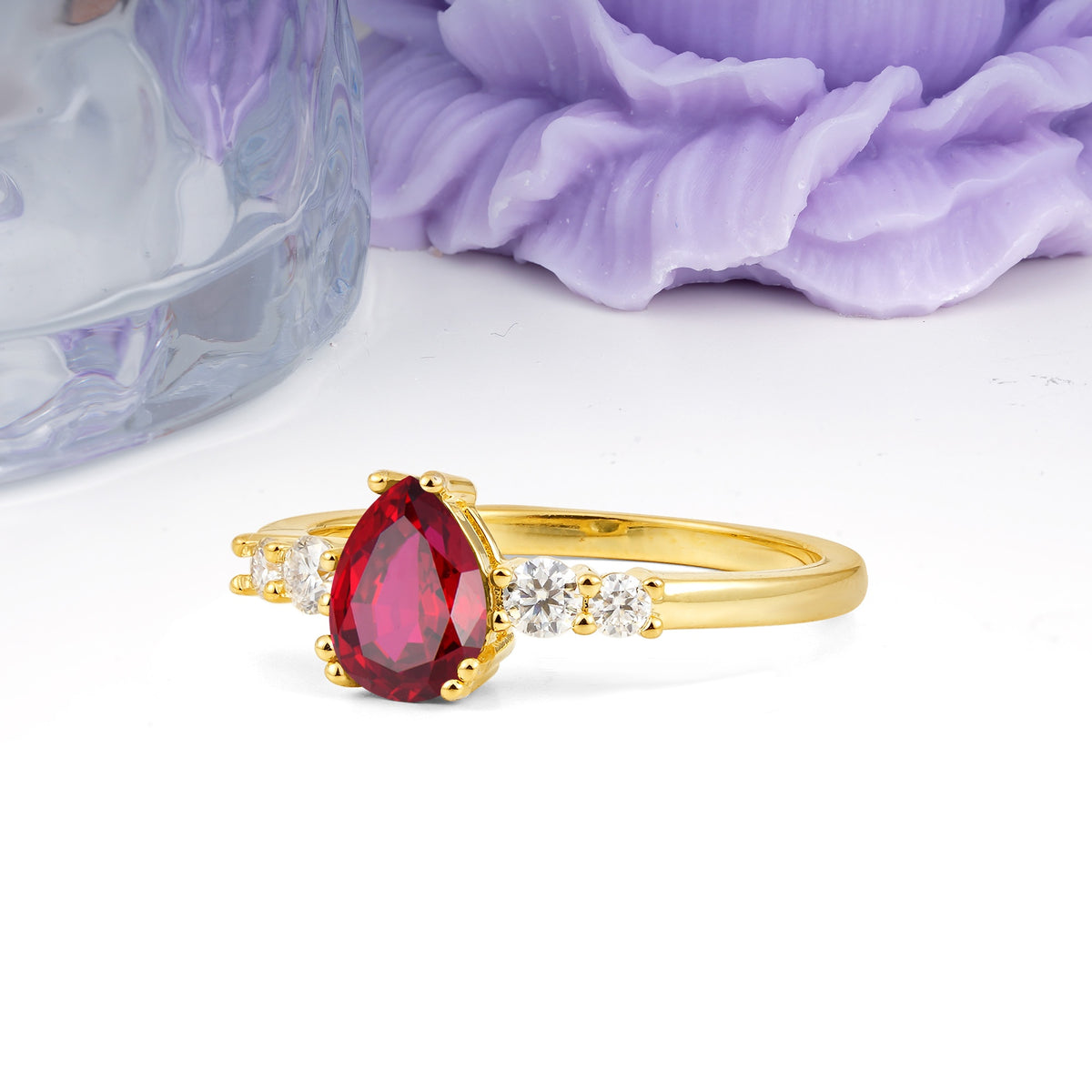 Classic, Minimalist 6-Prong Pear Cut Ruby Engagement Ring - Additional view
