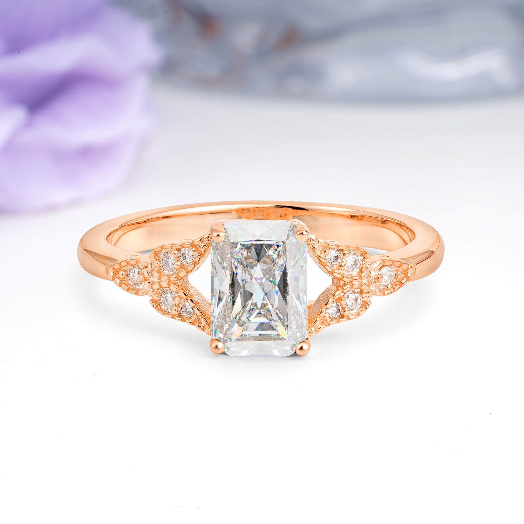 Classic Luxury 4 Prong Emerald Cut Moissanite Wedding Ring - Additional view