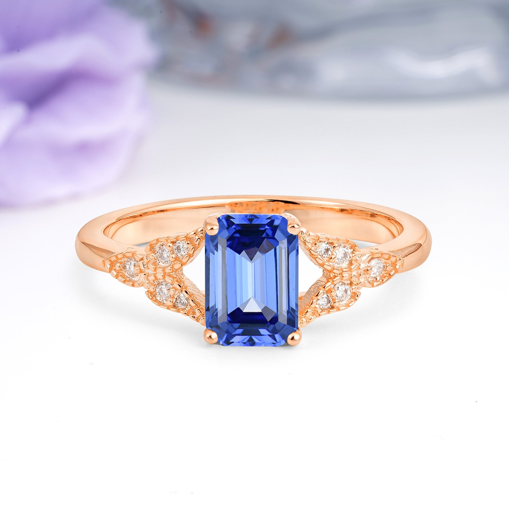 Classic Luxury 4 Prong Emerald Cut Sapphire Wedding Ring - Additional view
