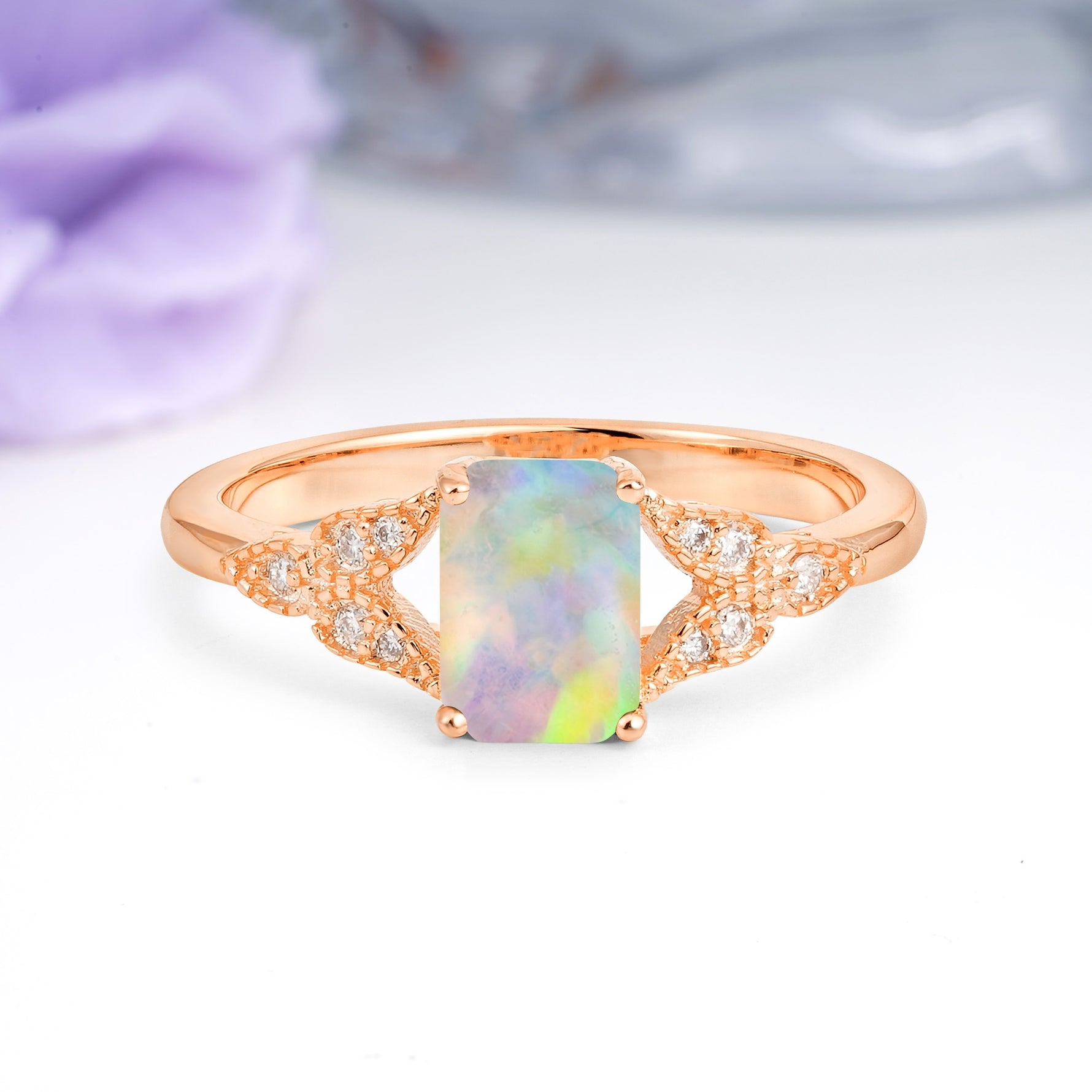 Classic Luxury 4 Prong Emerald Cut Fire Opal Wedding Ring - Additional view