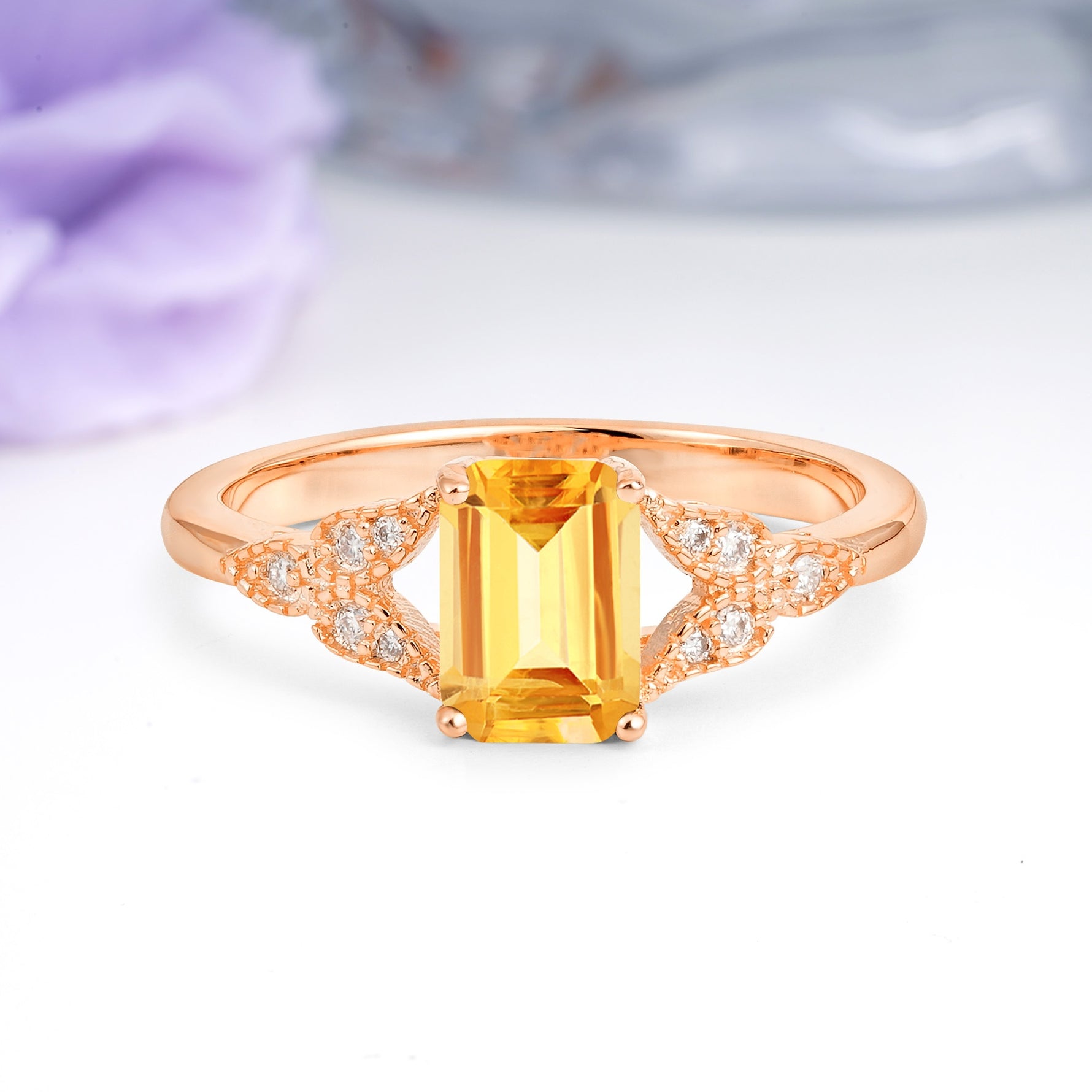 Classic Luxury 4 Prong Emerald Cut Citrine Wedding Ring - Additional view