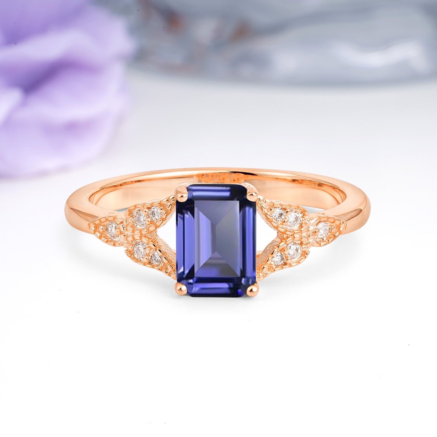 Classic Luxury 4 Prong Emerald Cut Tanzanite Wedding Ring - Additional view
