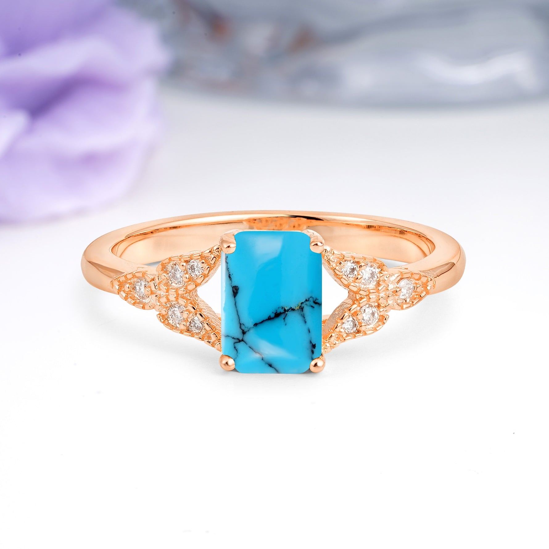 Classic Luxury 4 Prong Emerald Cut Turquoise Wedding Ring - Additional view