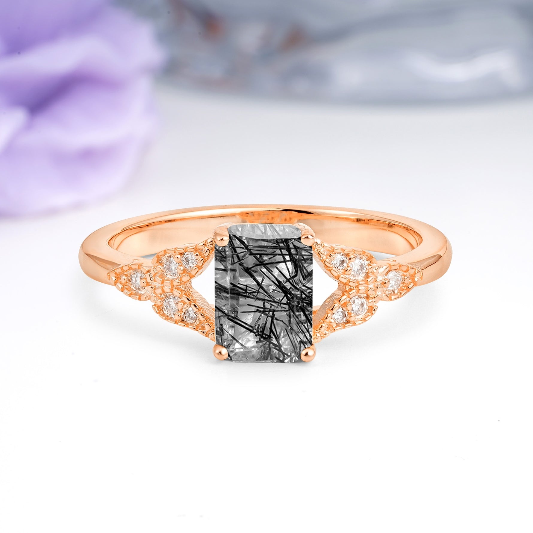 Classic Luxury 4 Prong Emerald Cut Black Rutilated Quartz Wedding Ring - Additional view