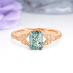 Classic Luxury 4 Prong Emerald Cut Moss Agate Wedding Ring - Additional view