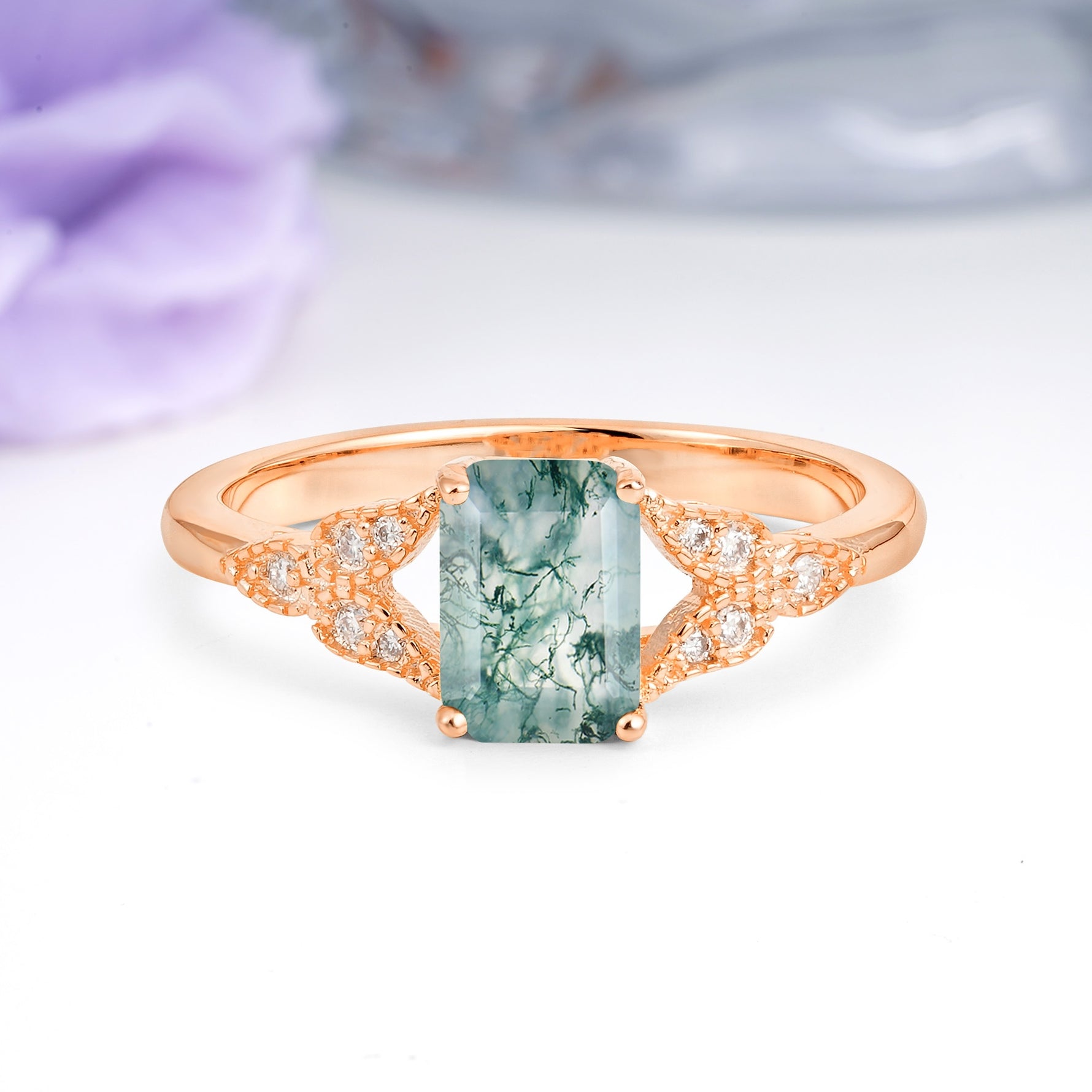 Classic Luxury 4 Prong Emerald Cut Moss Agate Wedding Ring - Additional view