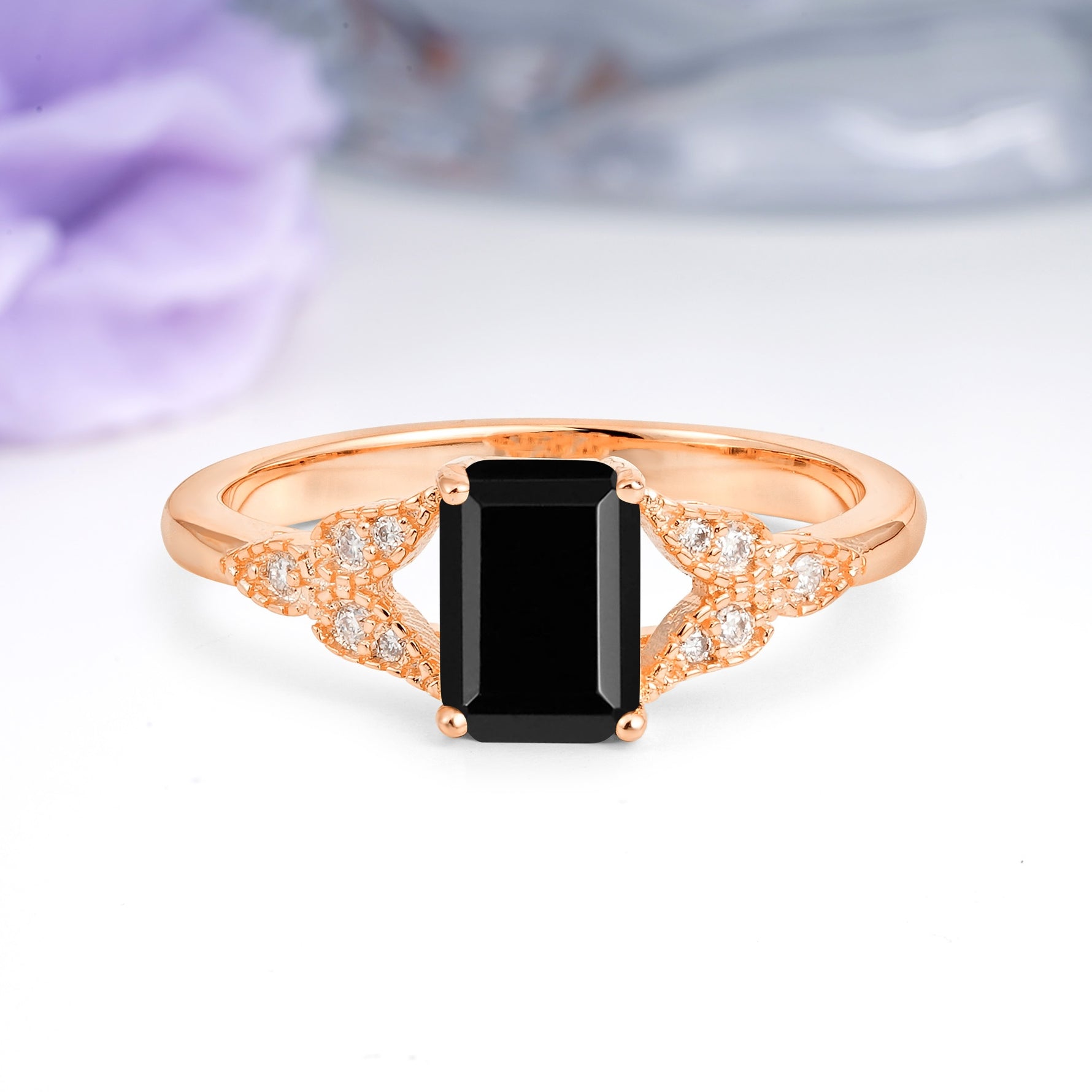 Classic Luxury 4 Prong Emerald Cut Black Onyx Wedding Ring - Additional view