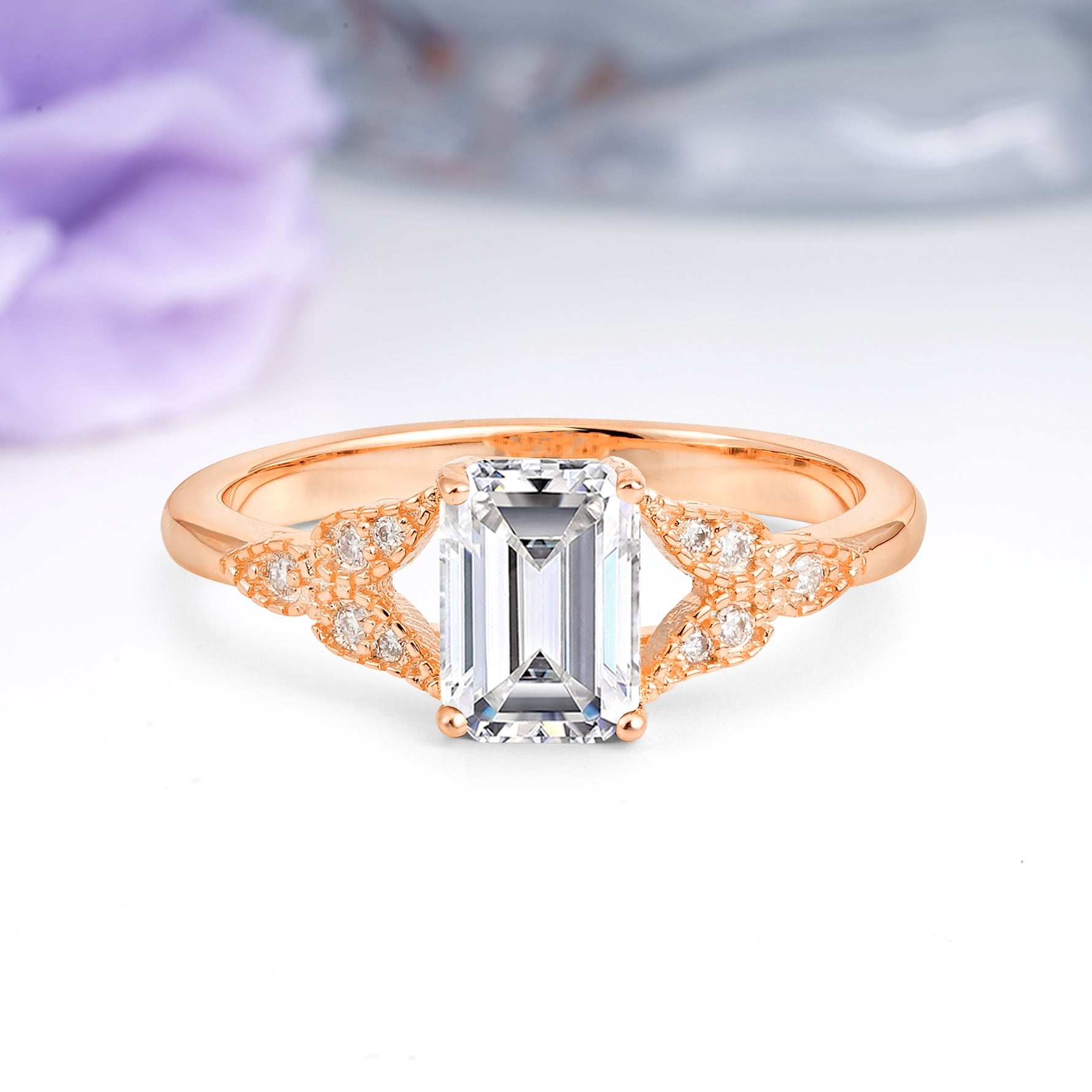 Classic Luxury 4 Prong Emerald Cut Lab Diamond Wedding Ring - Additional view