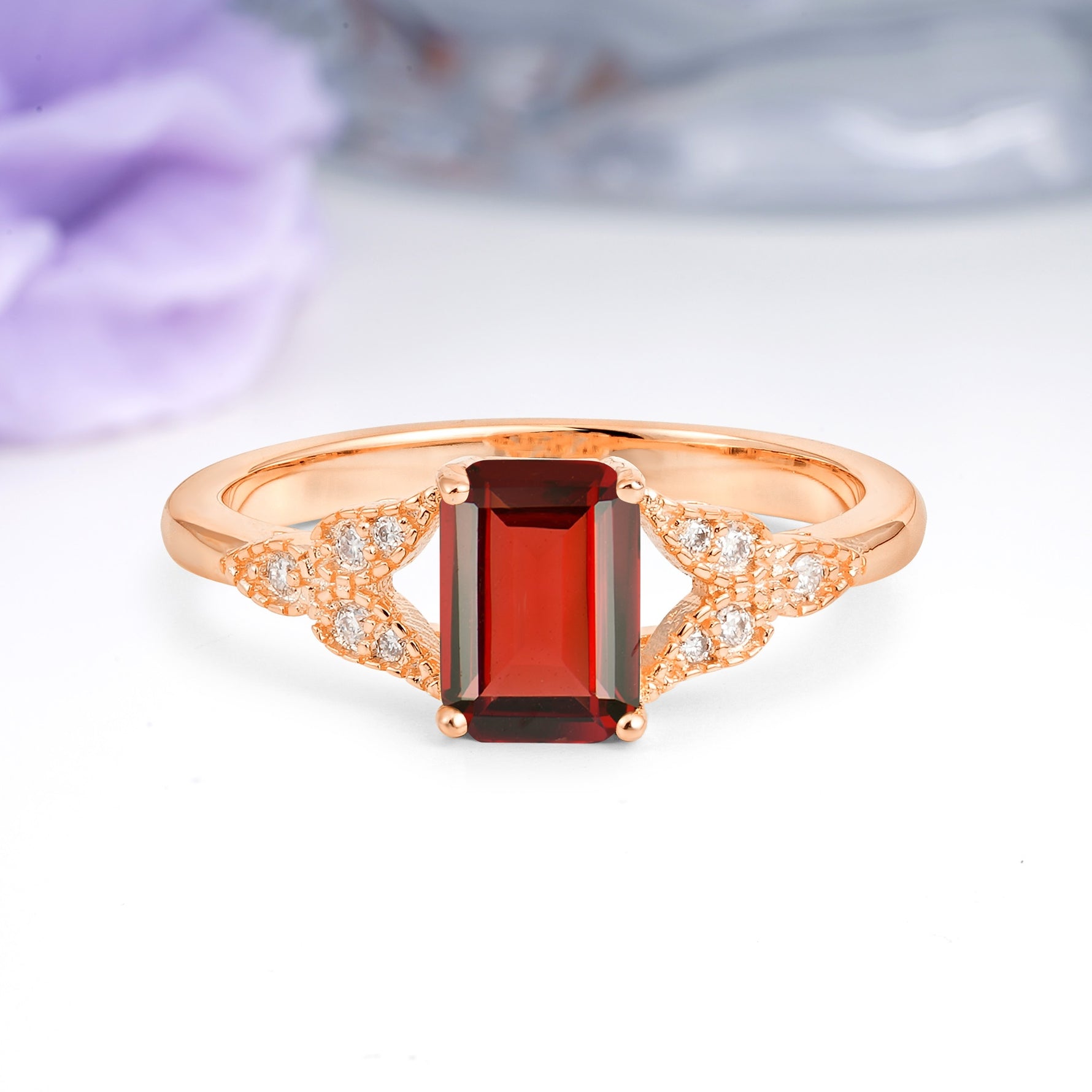 Classic Luxury 4 Prong Emerald Cut Garnet Wedding Ring - Additional view
