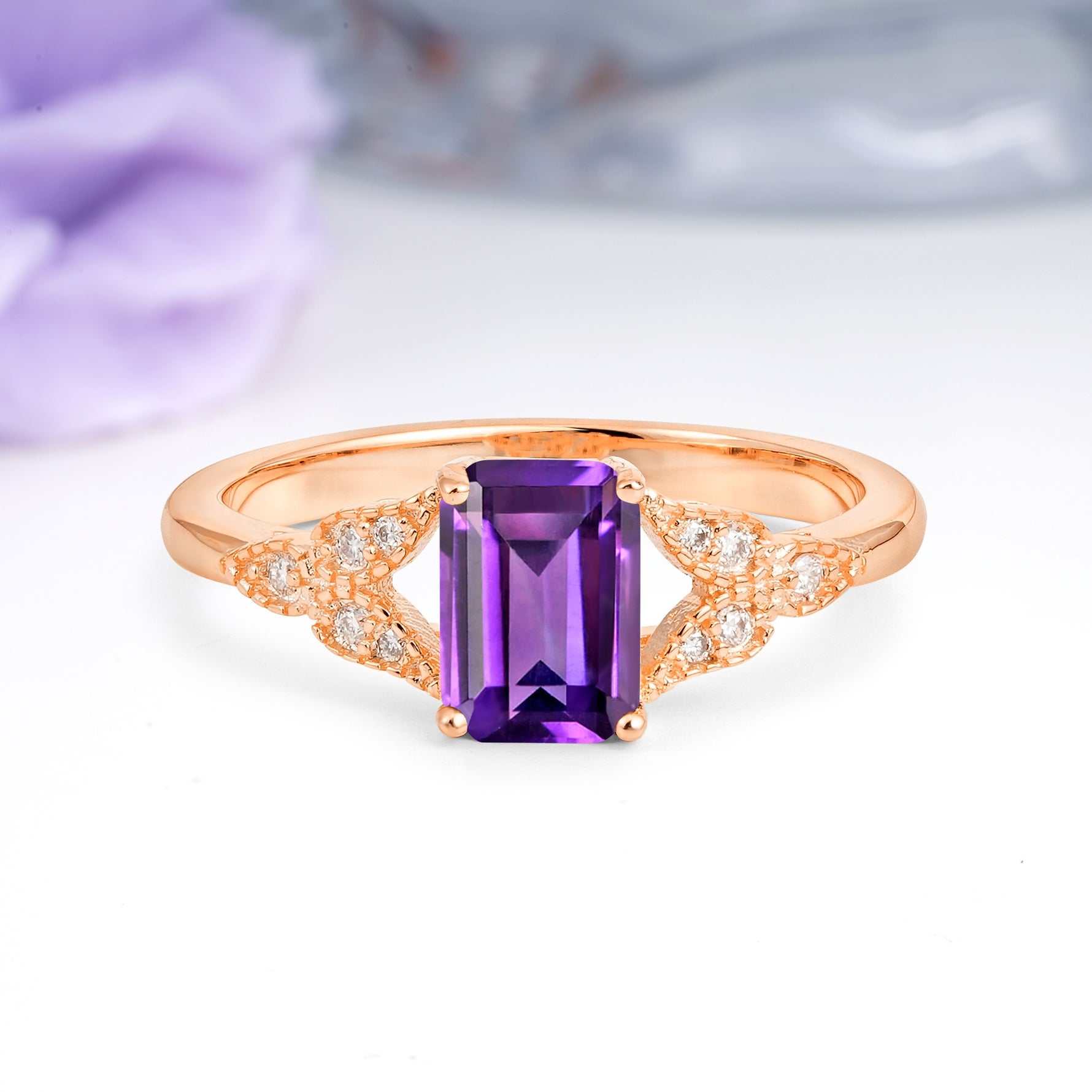 Classic Luxury 4 Prong Emerald Cut Amethyst Wedding Ring - Additional view