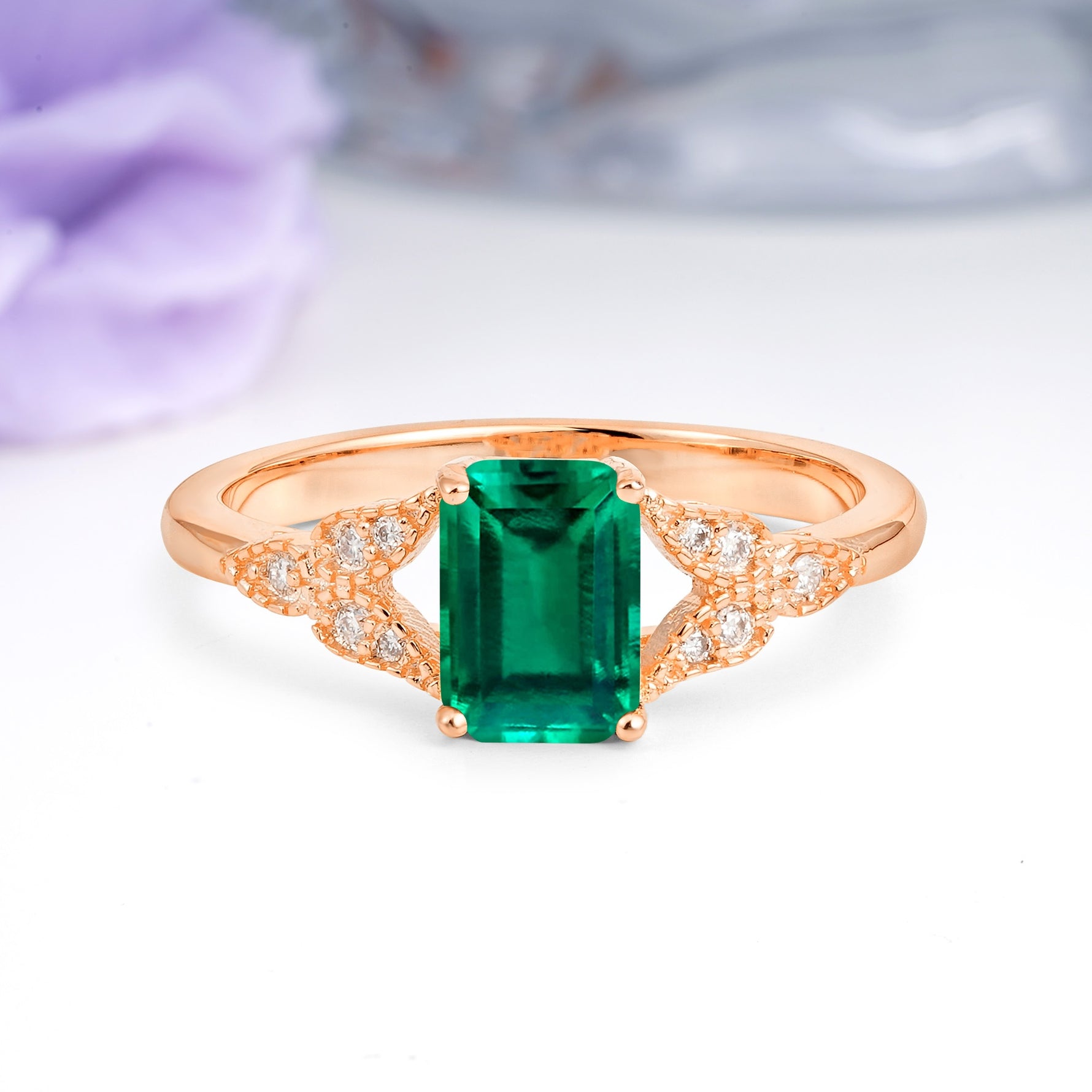 Classic Luxury 4 Prong Emerald Cut Emerald Wedding Ring - Additional view