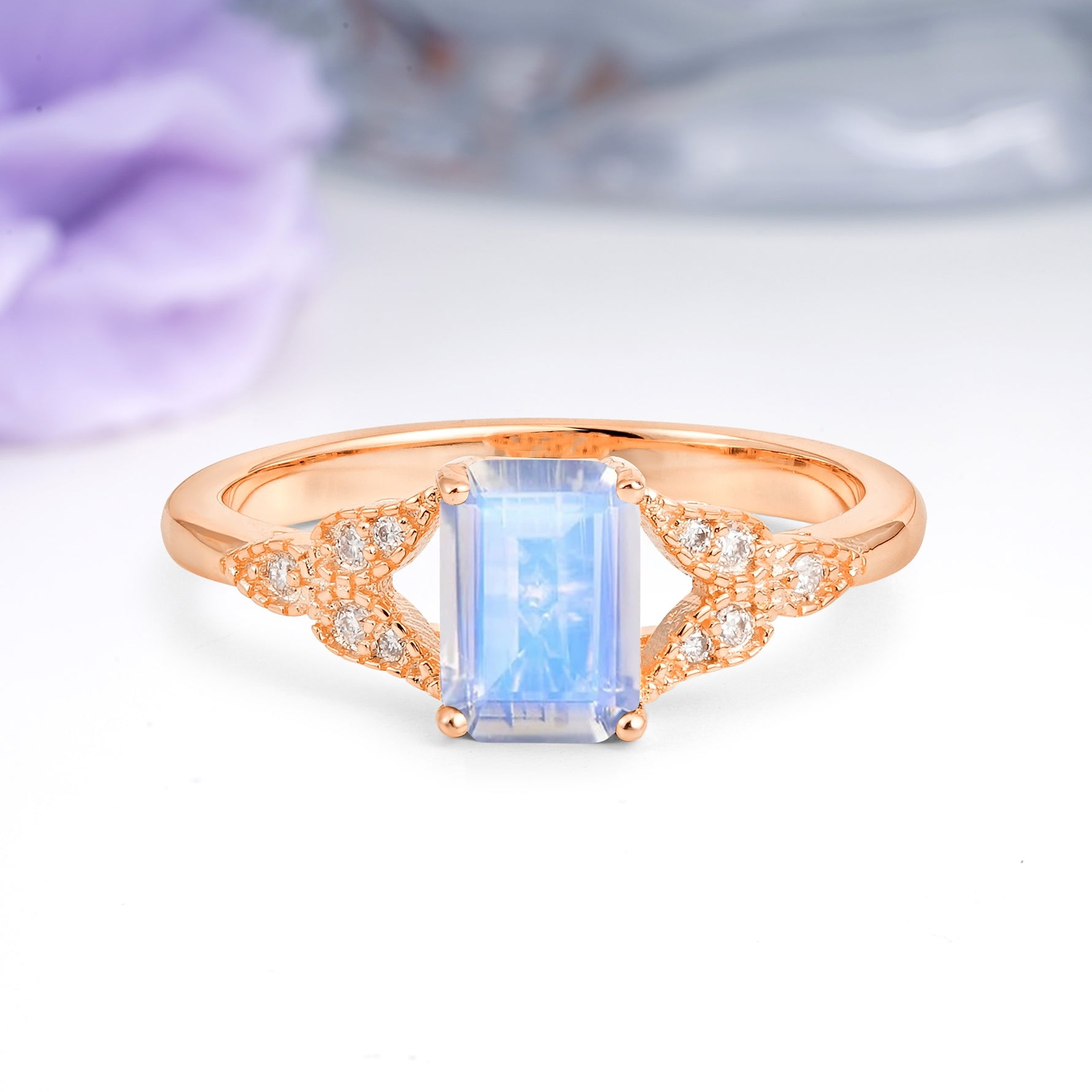 Classic Luxury 4 Prong Emerald Cut Moonstone Wedding Ring - Additional view