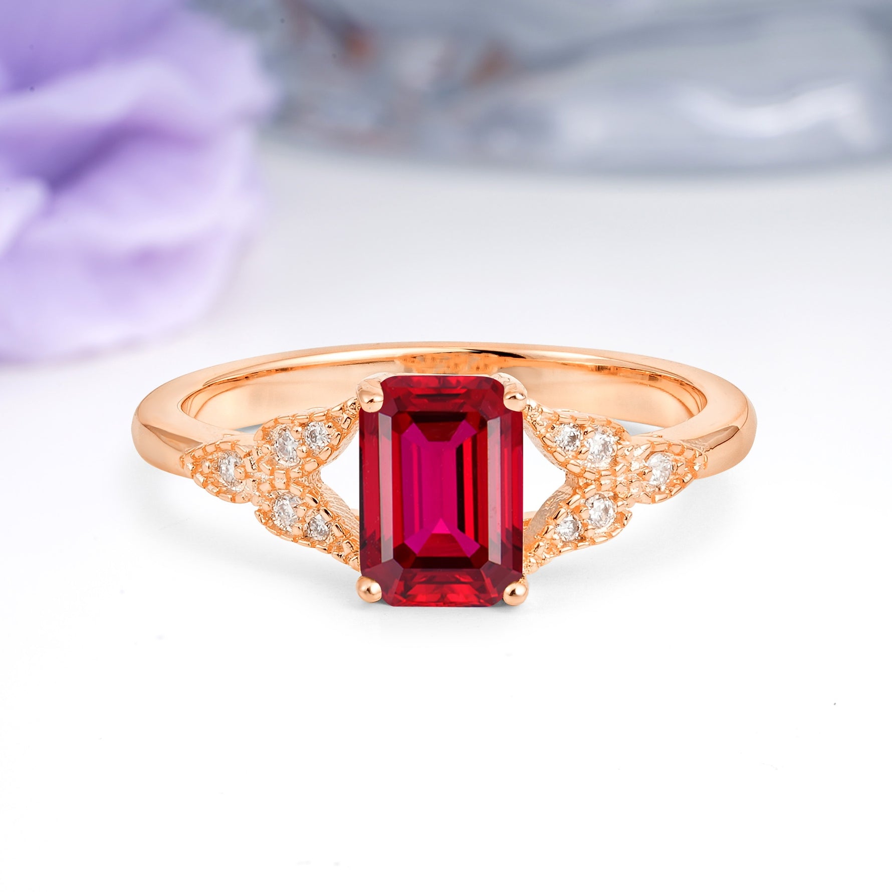Classic Luxury 4 Prong Emerald Cut Ruby Wedding Ring - Additional view