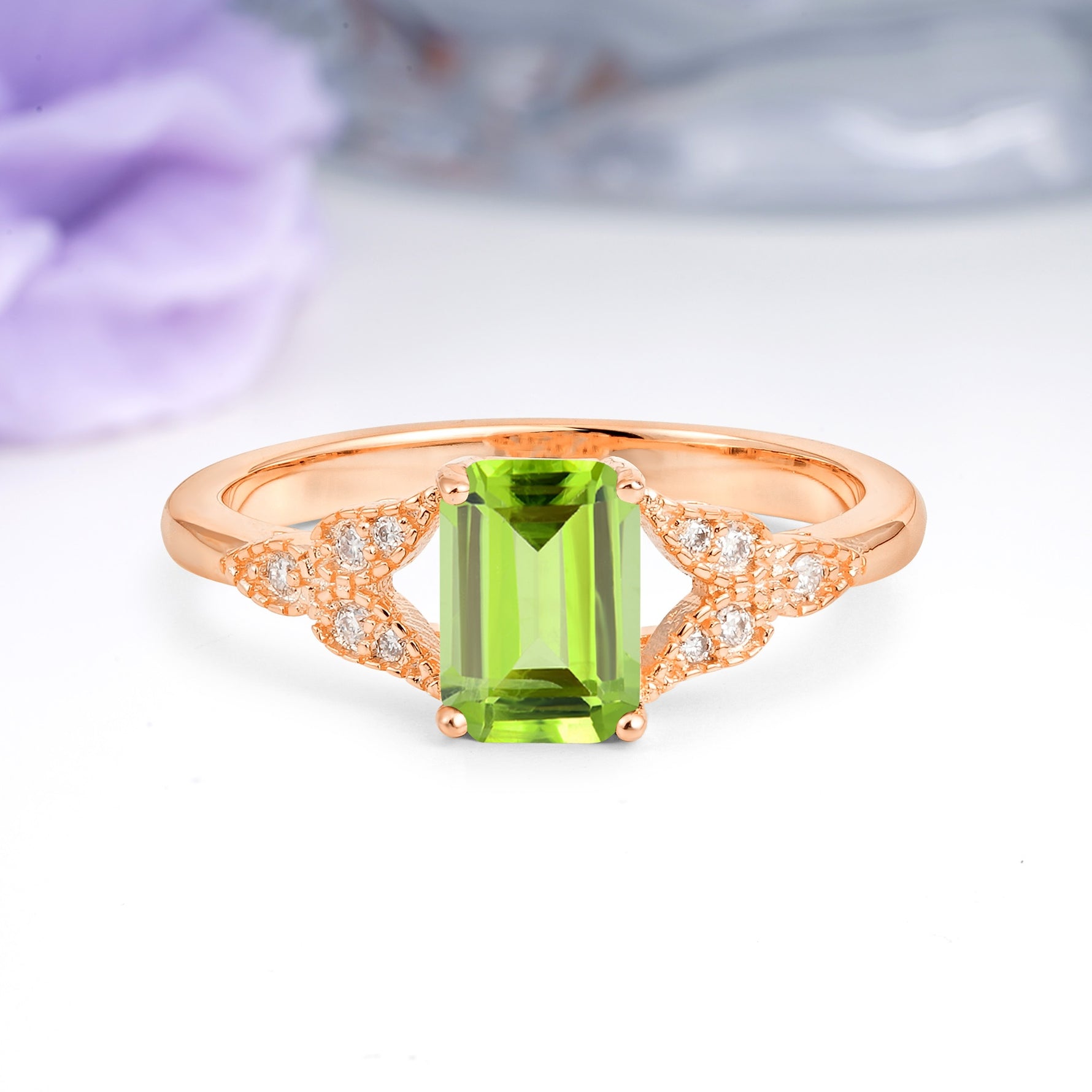 Classic Luxury 4 Prong Emerald Cut Peridot Wedding Ring - Additional view